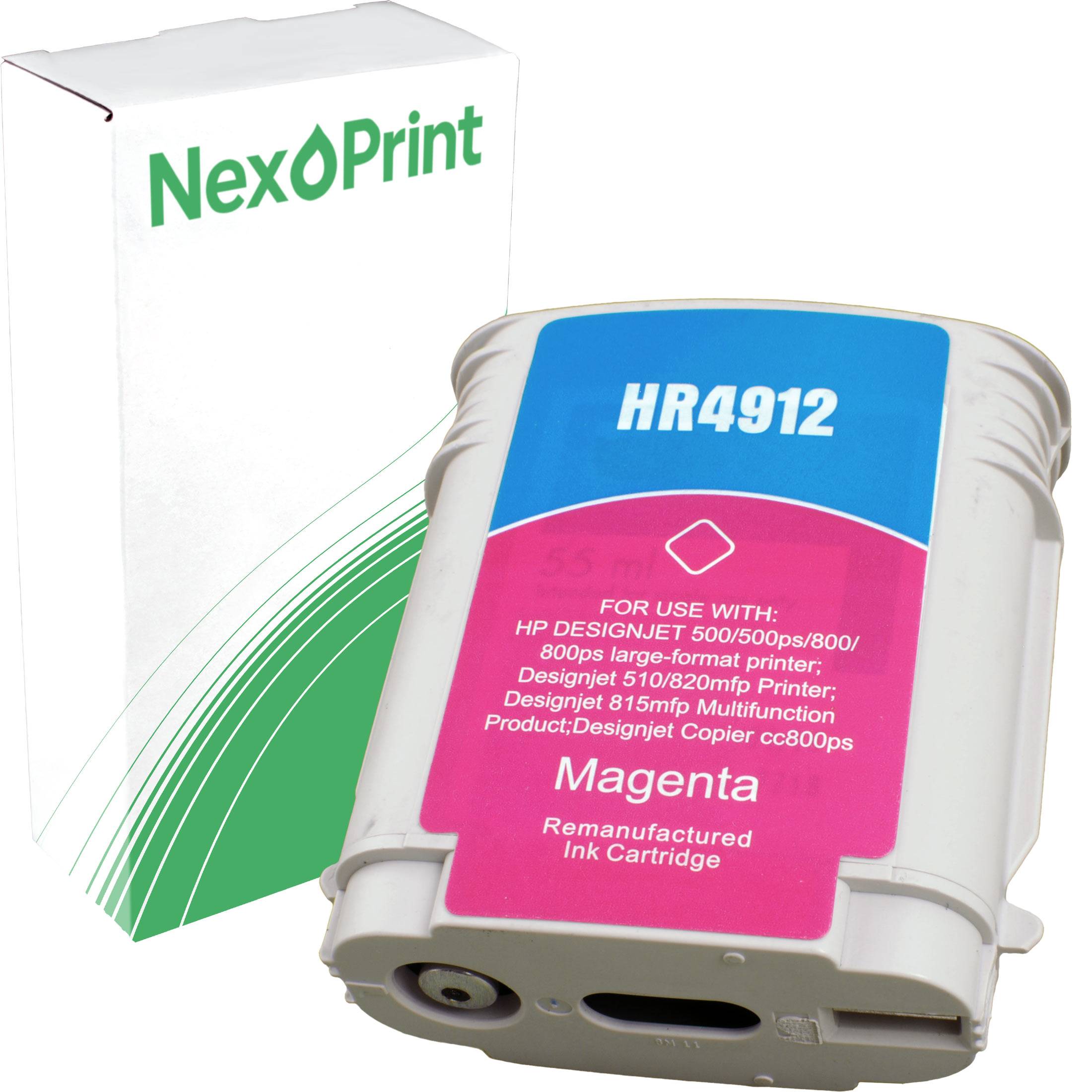 Eine magentafarbene Tintenpatrone mit der Bezeichnung 'HR4912' für HP DesignJet-Modelle, die vor einer NexPrint-Markenverpackung platziert ist.