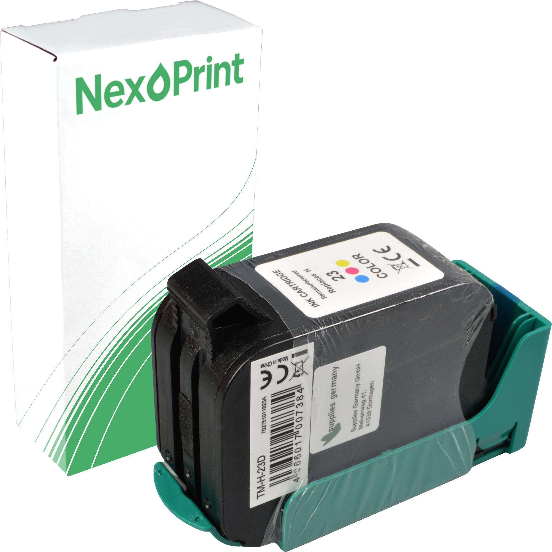 Eine NexPrint-Tintenpatrone in Verpackung, mit der Bezeichnung Farbe 123 und kompatibel mit bestimmten Druckermodellen, die in einem Schutzhalter gezeigt wird.