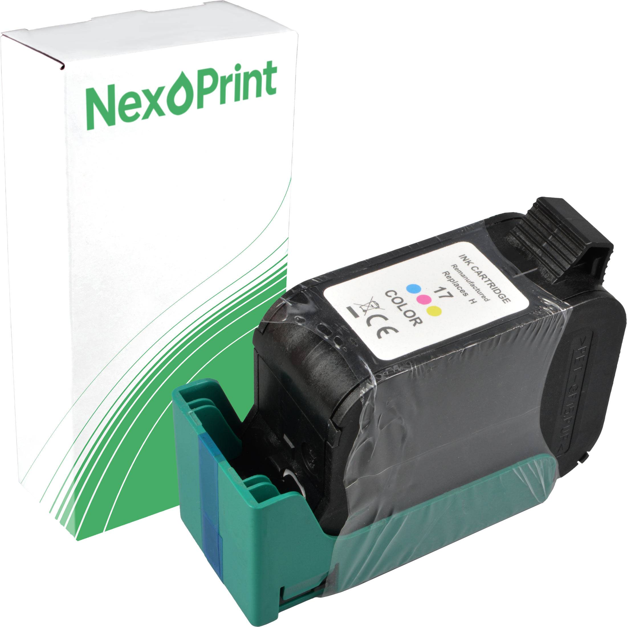 Eine Farbtintenpatrone mit der Bezeichnung '17 Color' in einer grün-weißen Schachtel mit dem 'NexPrint' Logo.