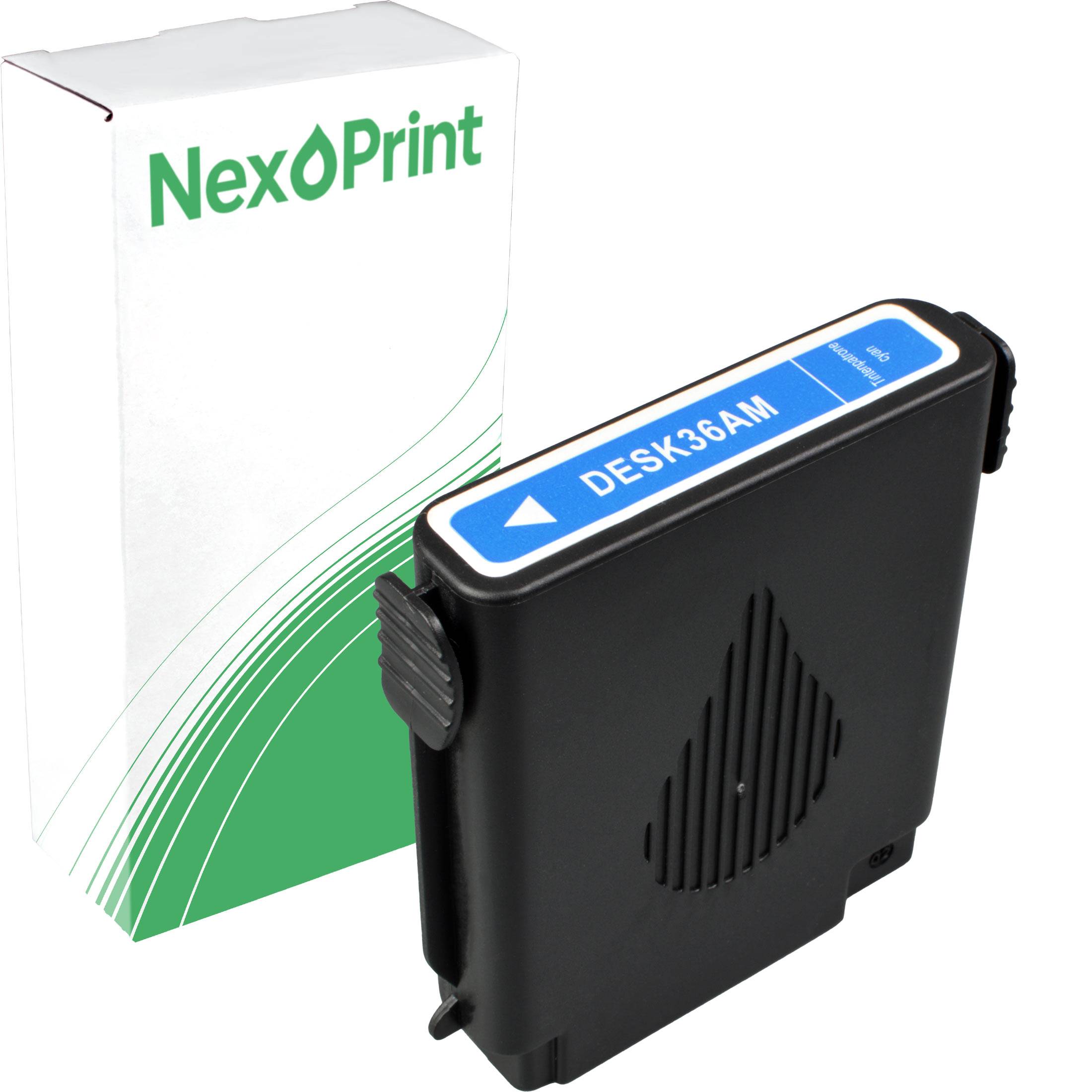 Tintenpatrone 'Desk-36AM' in schwarzer Farbe mit blauem Etikett, daneben die weiße und grüne Markenverpackung mit der Aufschrift 'NexPrint'.