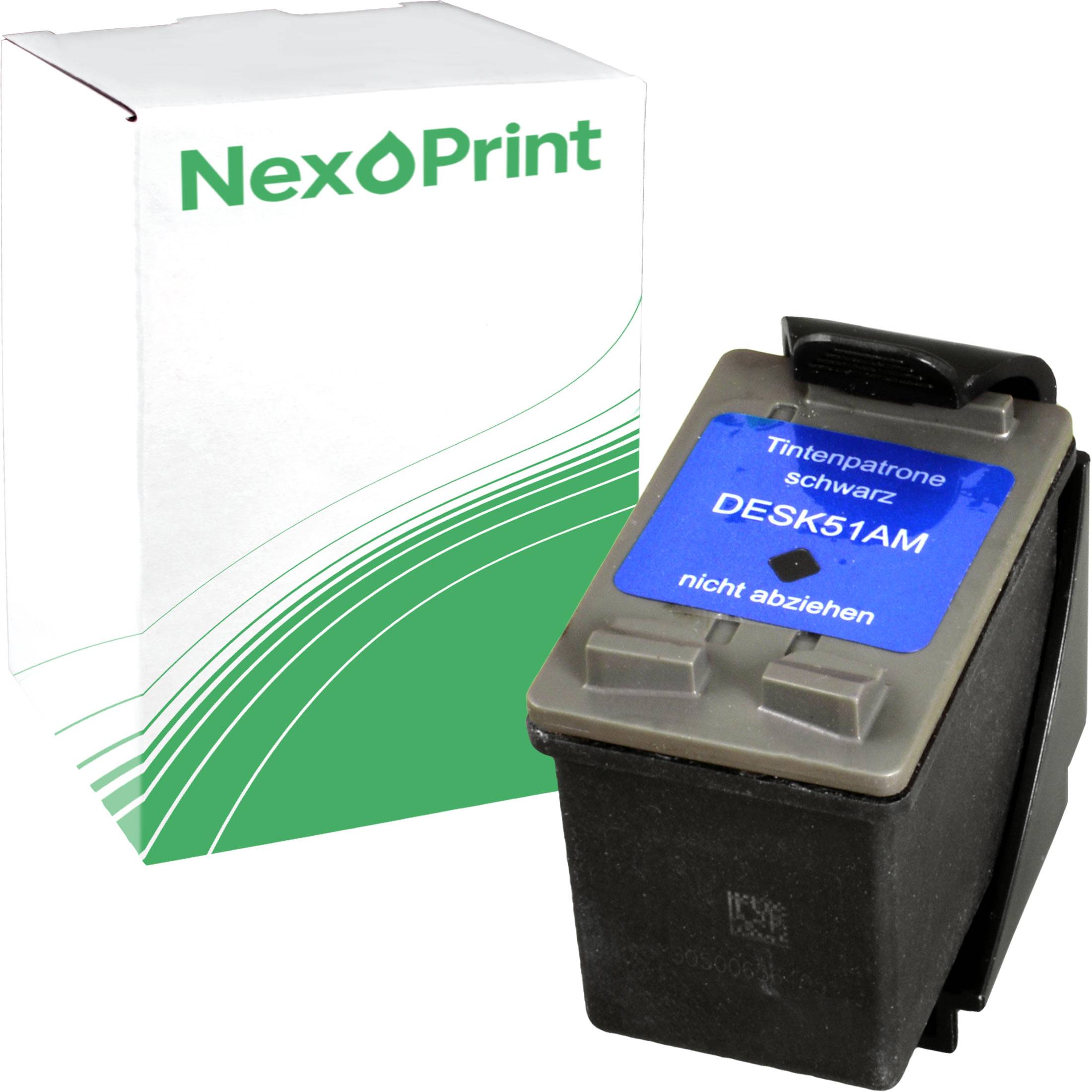 Tintenpatrone mit blauem Etikett mit der Aufschrift ‚DESK51AM' vor einer grün-weißen Nexoprint-Verpackung.