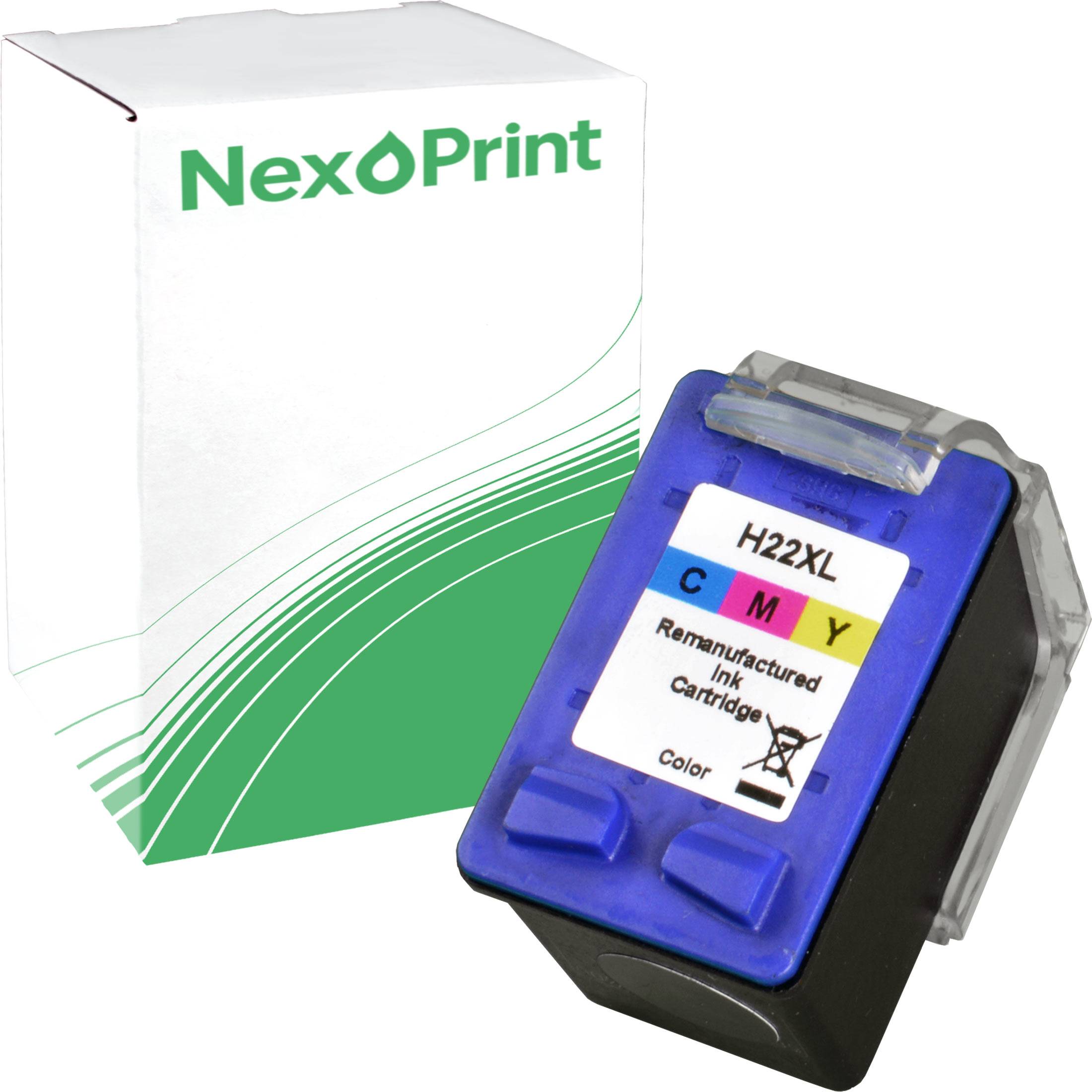 Verpackung der Marke 'NexPrint' mit einem kompatiblen CMY H22XL-Tintenpatronenmodell, das davor steht und anzeigt, dass es sich um ein aufbereitetes Produkt handelt.