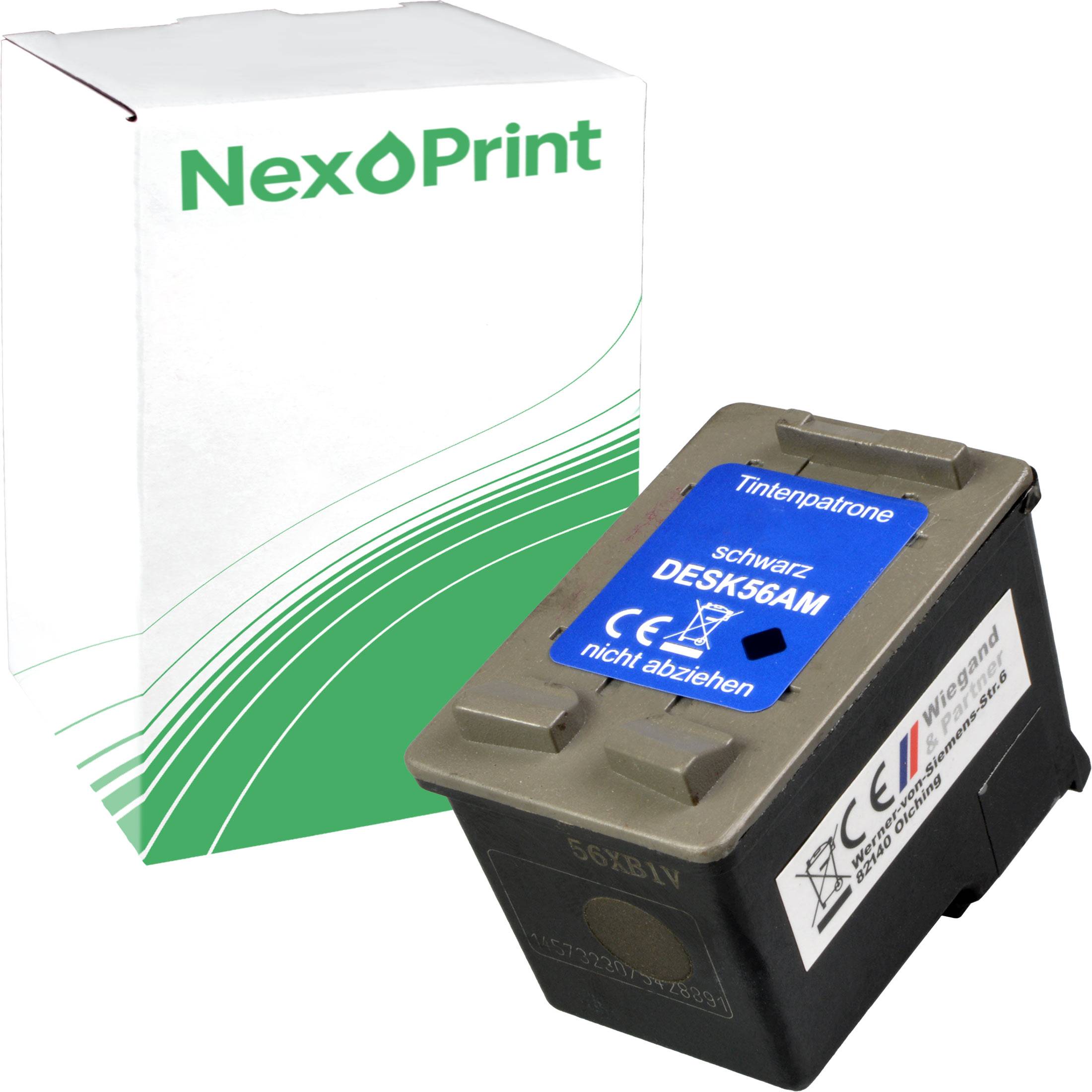 Tintenpatrone mit blauem Etikett, auf dem ‚schwarz DESK56AM' steht, neben Verpackung der Marke ‚NexPrint' mit grünen Designelementen.