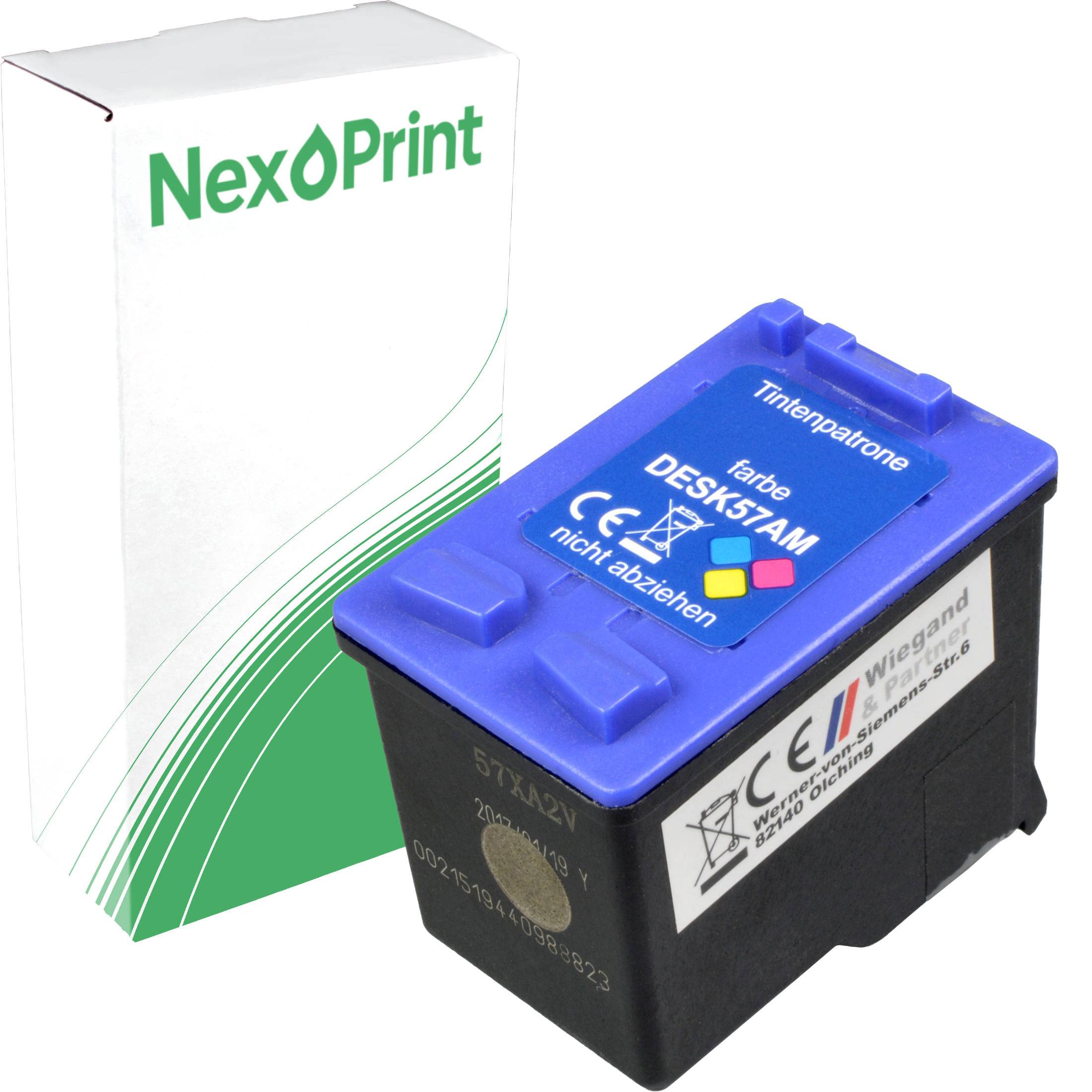 Eine 'NexPrint' Tintenpatrone mit Verpackung, auf der Zertifizierungszeichen und die Modellnummer 'DESK51AM' auf der Patrone sichtbar sind.