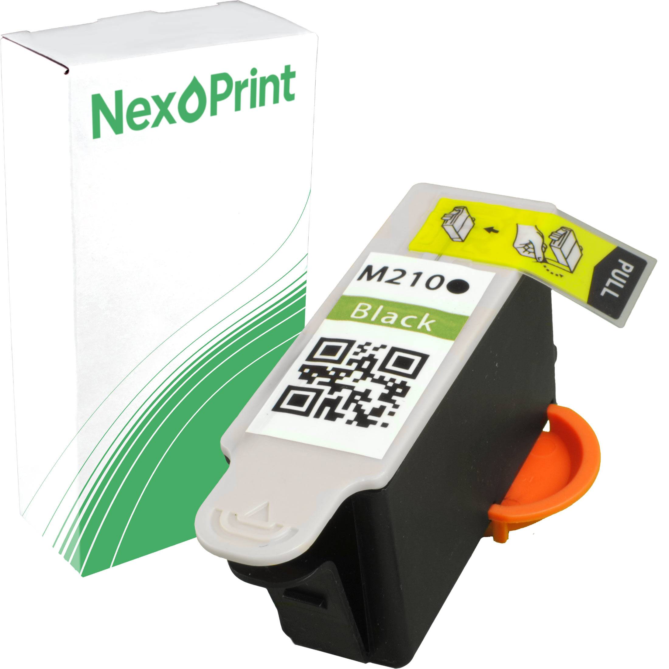 Das Bild zeigt eine schwarze Tintenkartusche für den M210-Drucker, mit der Marke 'NexPrint', vor einem weißen Hintergrund und grünem Design.