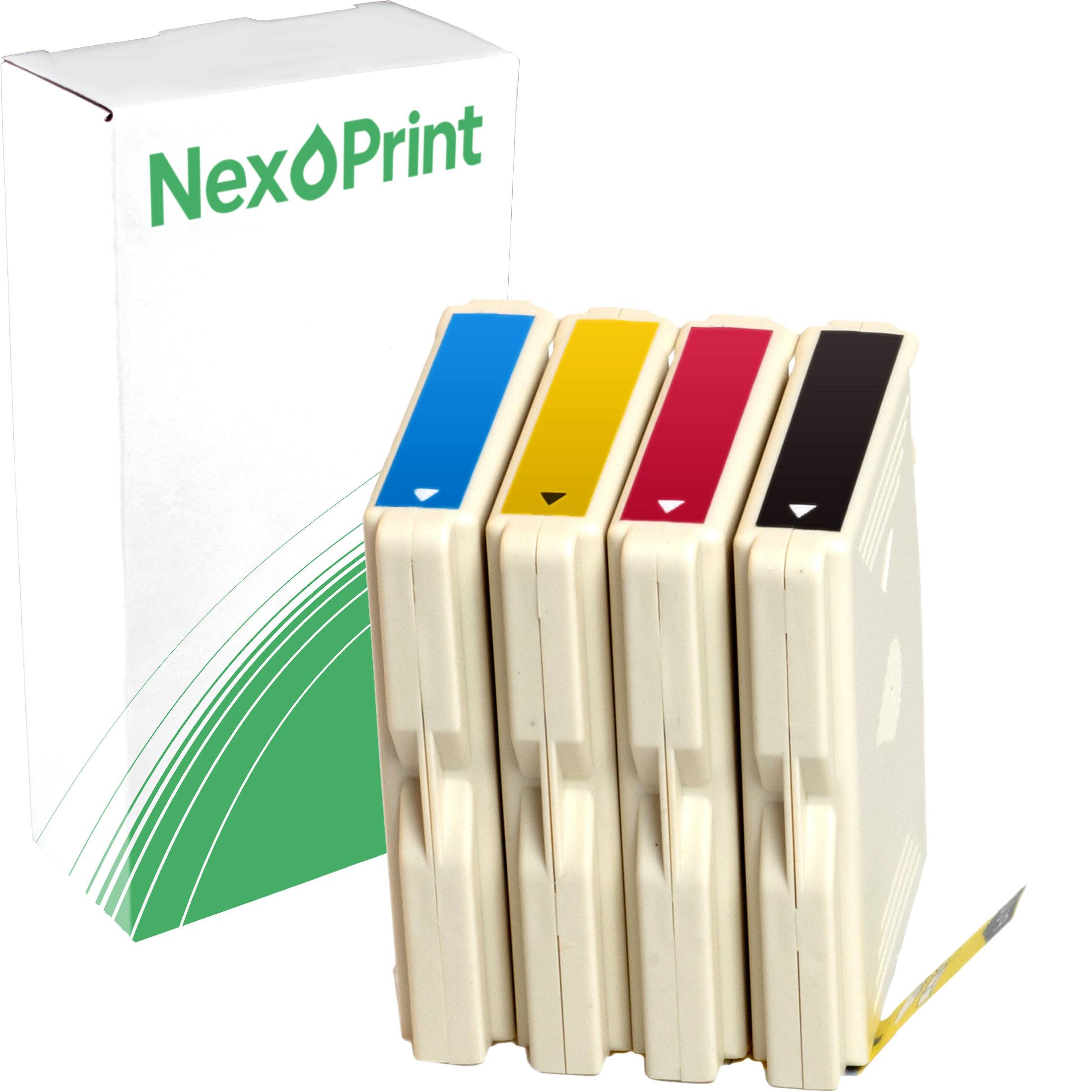 Satz von vier NexPrint-Tintenpatronen in Cyan, Gelb, Magenta und Schwarz neben der Verpackungsbox.