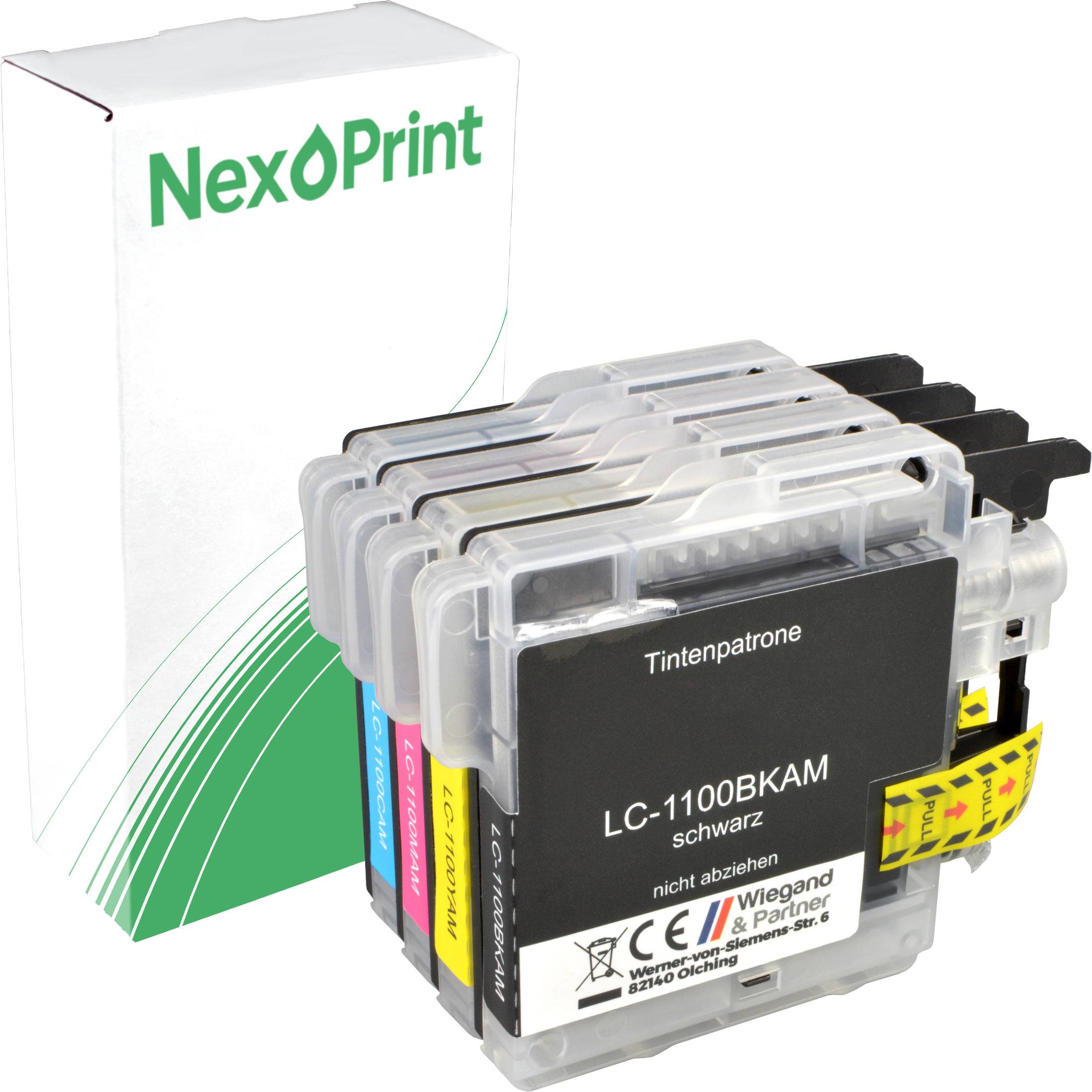 Satz kompatibler Druckerpatronen mit vier Farben: schwarz, cyan, magenta, gelb. Verpackt von NexPrint, entwickelt für LC-1100 Modelle.