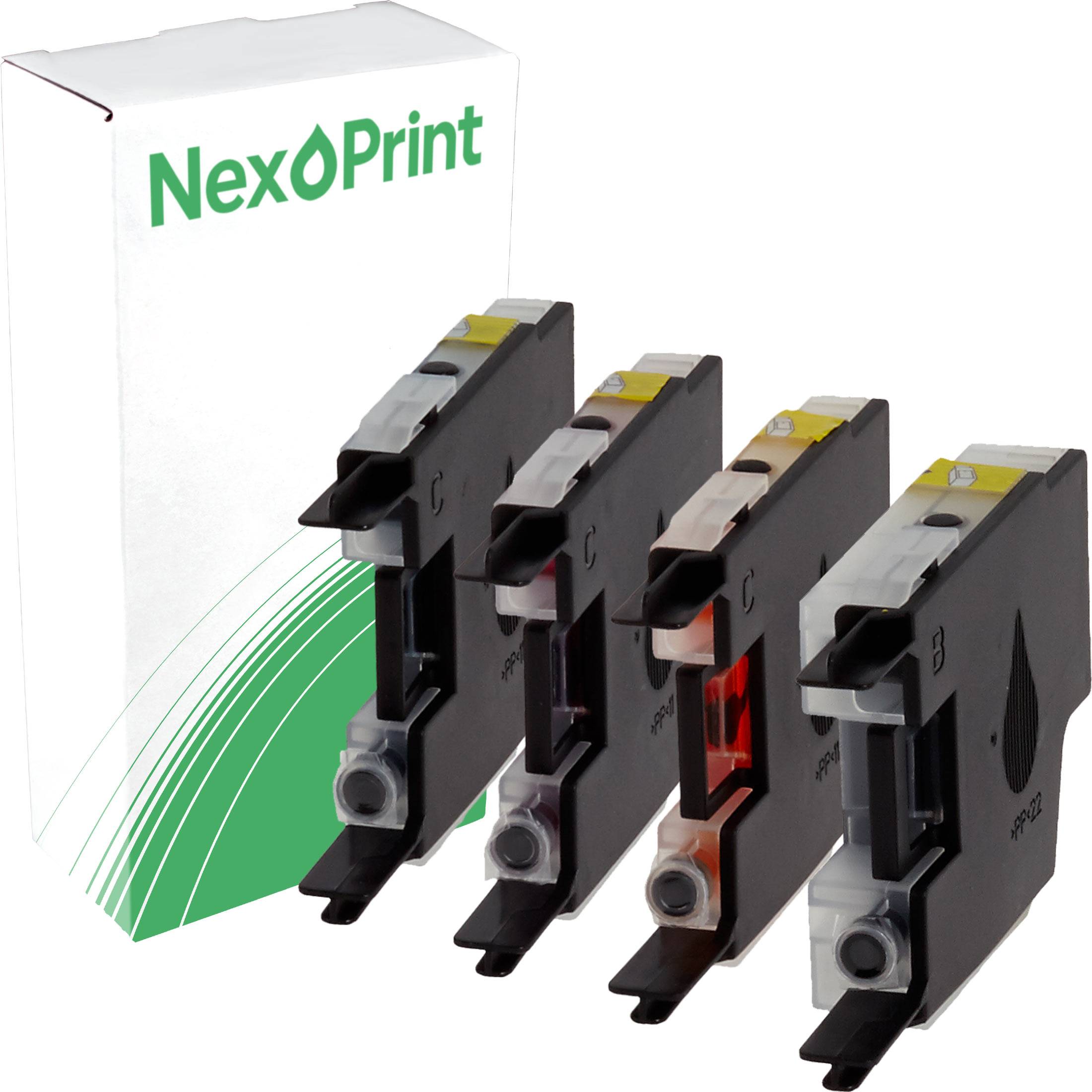 Ein NexPrint Tintenpatronensatz neben einer Markenschachtel, der schwarze, gelbe, rote und blaue Patronen in einer Reihe angeordnet zeigt.