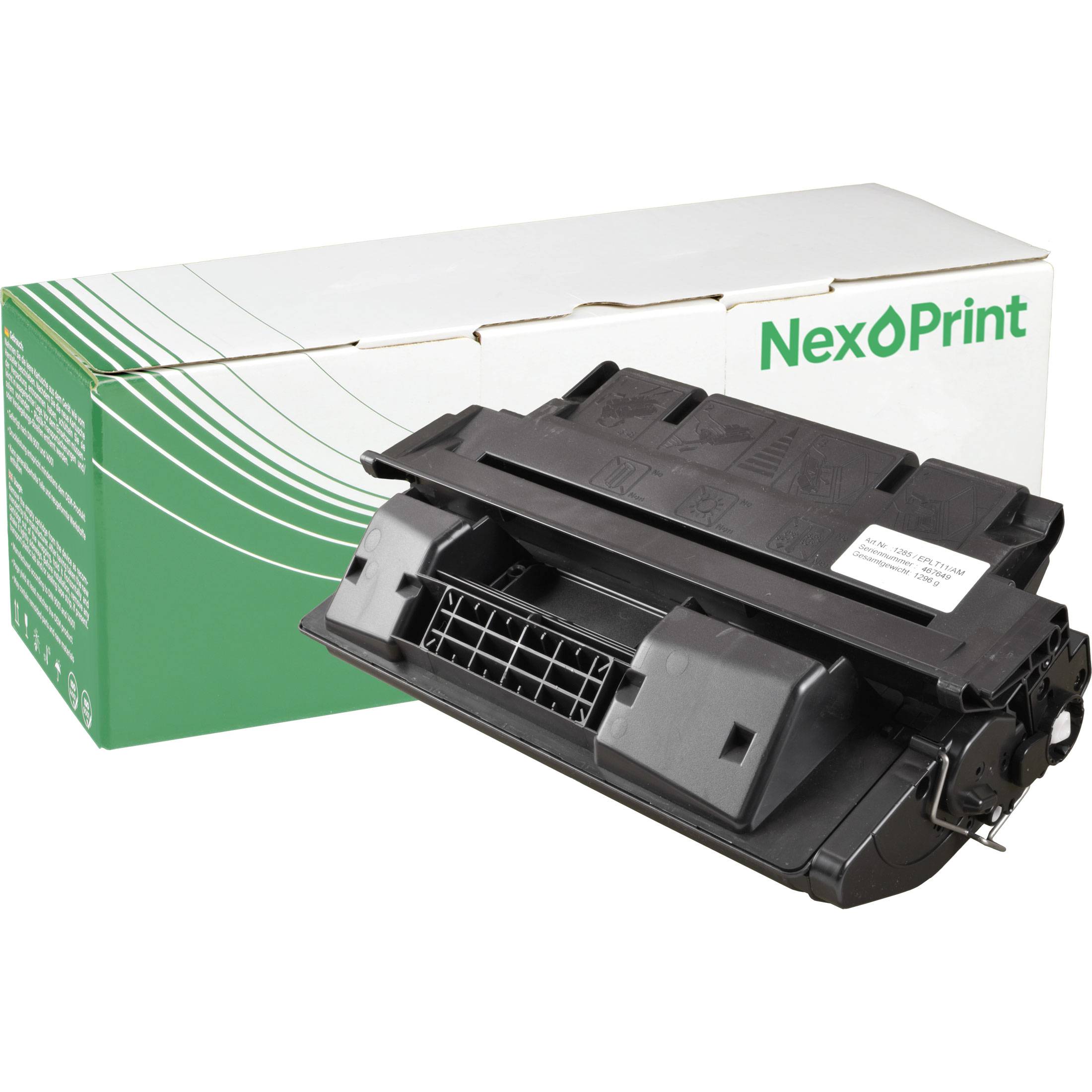 Eine schwarze Tonerkartusche wird vor einer rechteckigen grün-weißen Box mit der Aufschrift 