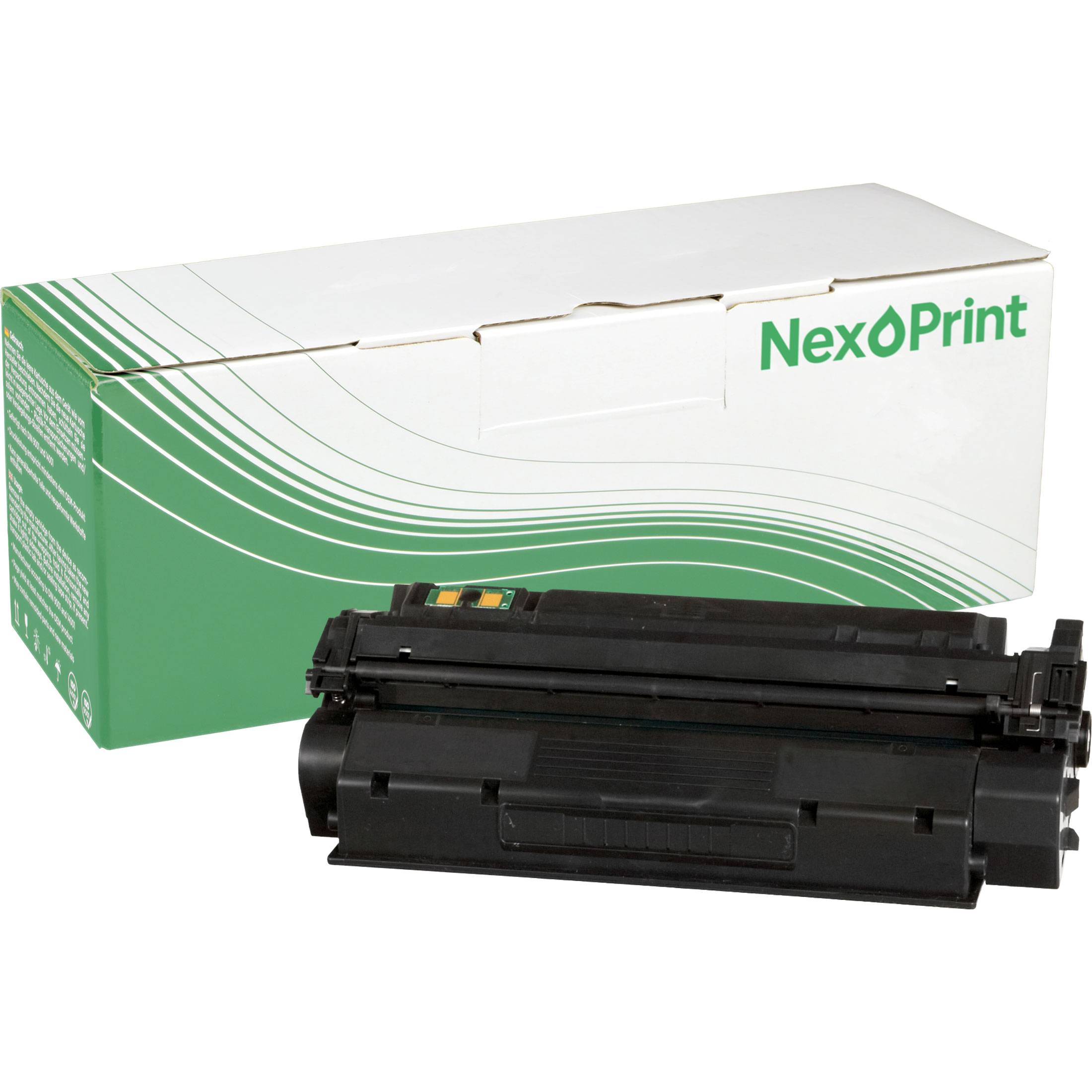 Eine NexPrint-Tonerkartusche liegt vor ihrer grün-weißen Verpackungsschachtel und zeigt den Markennamen in der oberen rechten Ecke.