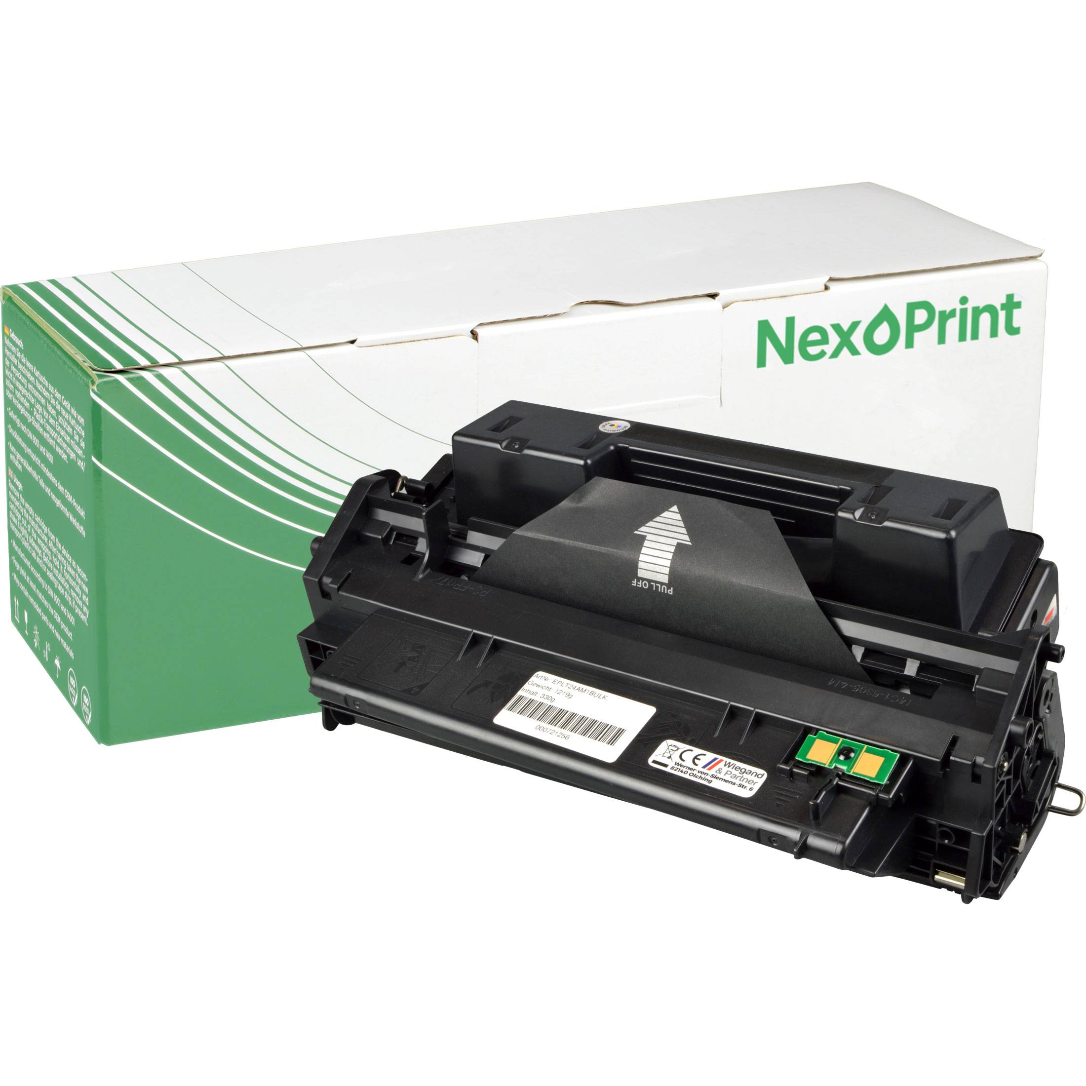 Eine schwarze Druckertonerpatrone vor einer grün-weiß bedruckten Schachtel mit der Aufschrift „NexPrint