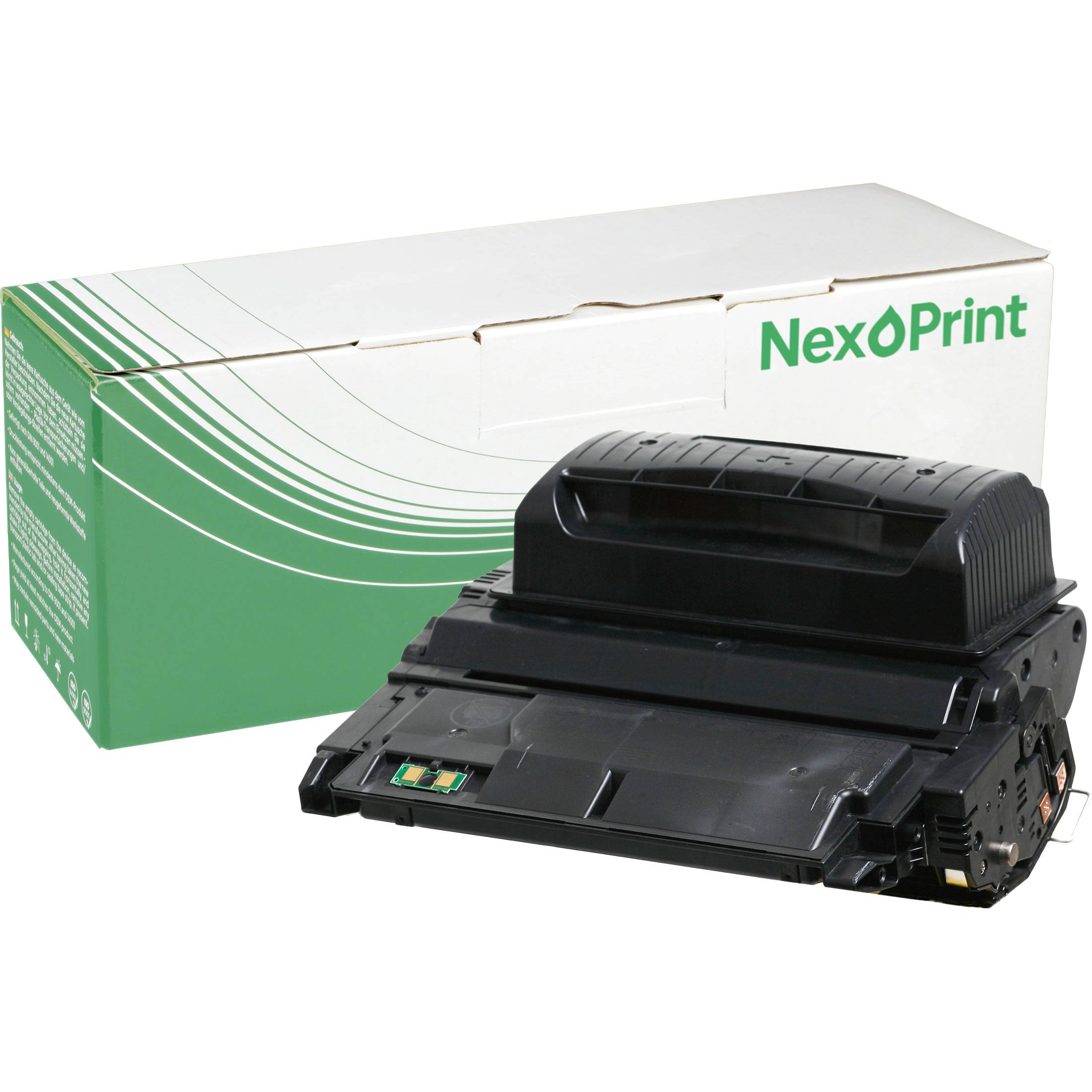 Schwarze Tonerkartusche vor einer grünen und weißen NexPrint-Box, die für Laserdrucker verwendet wird.
