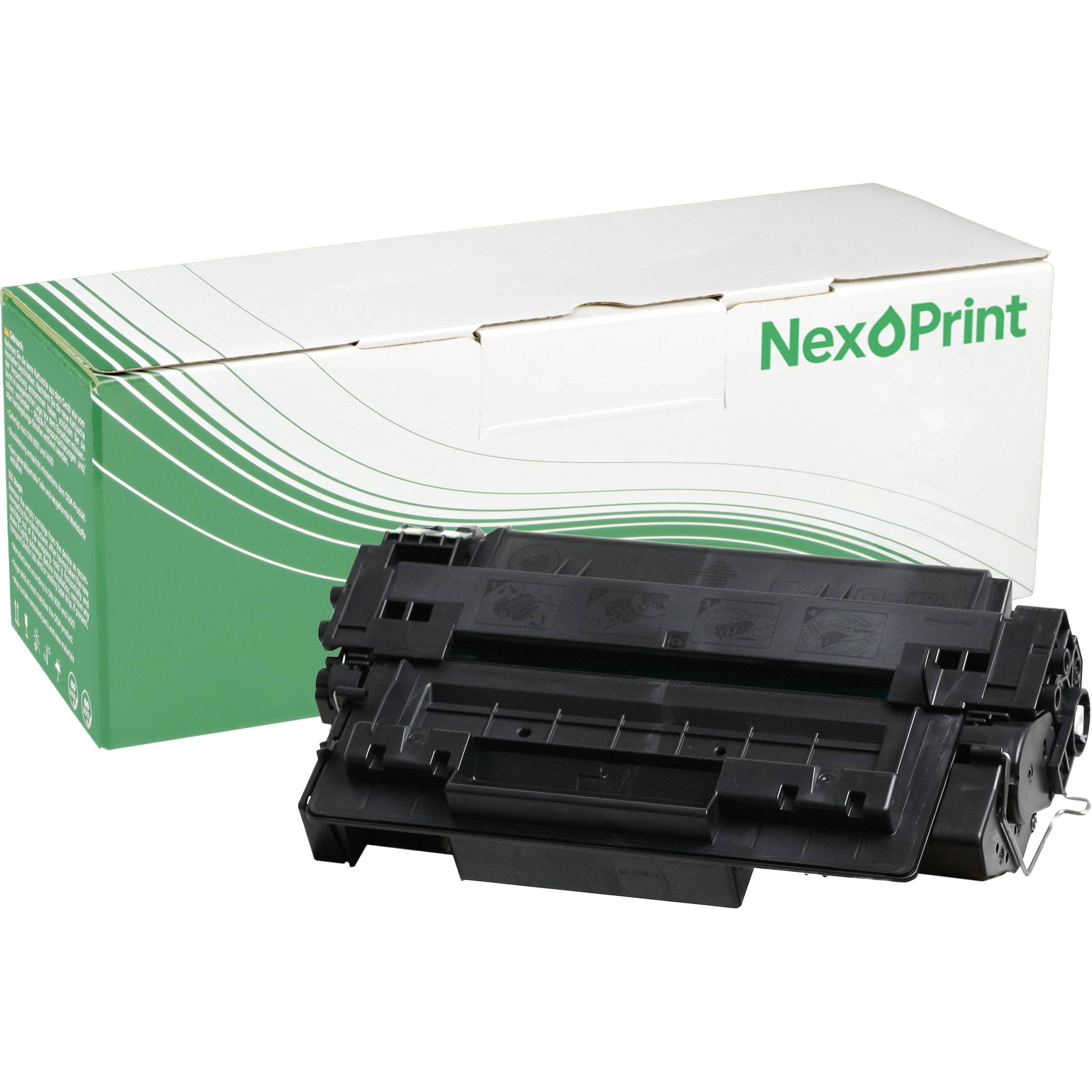Eine schwarze Tonerkartusche mit einer weiß-grünen Box mit dem Markenlogo „NexOPrint