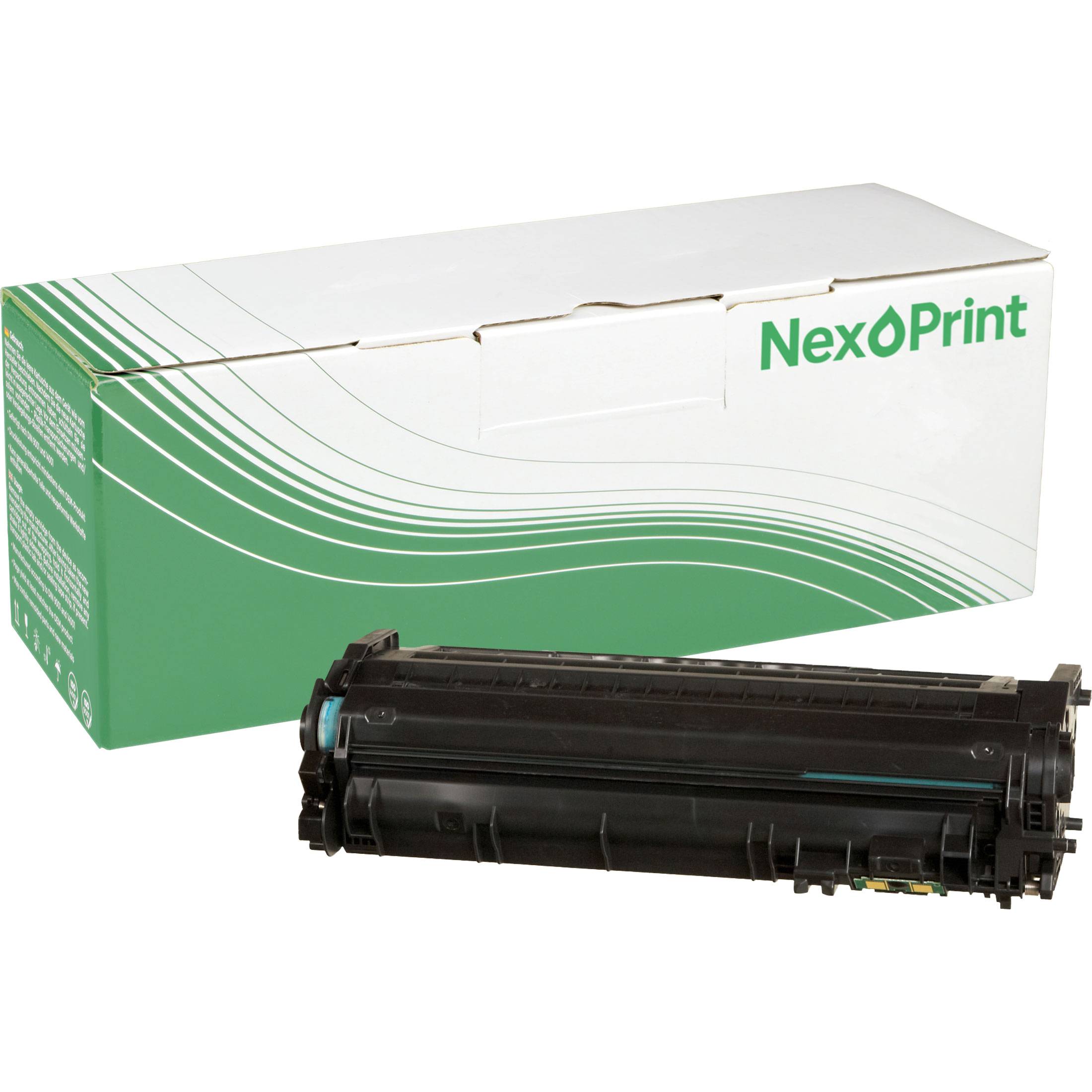 NexoPrint' Markenbox mit einer schwarzen Tonerpatrone davor, geeignet für Drucker. Weiß- und grünes Verpackungsdesign.