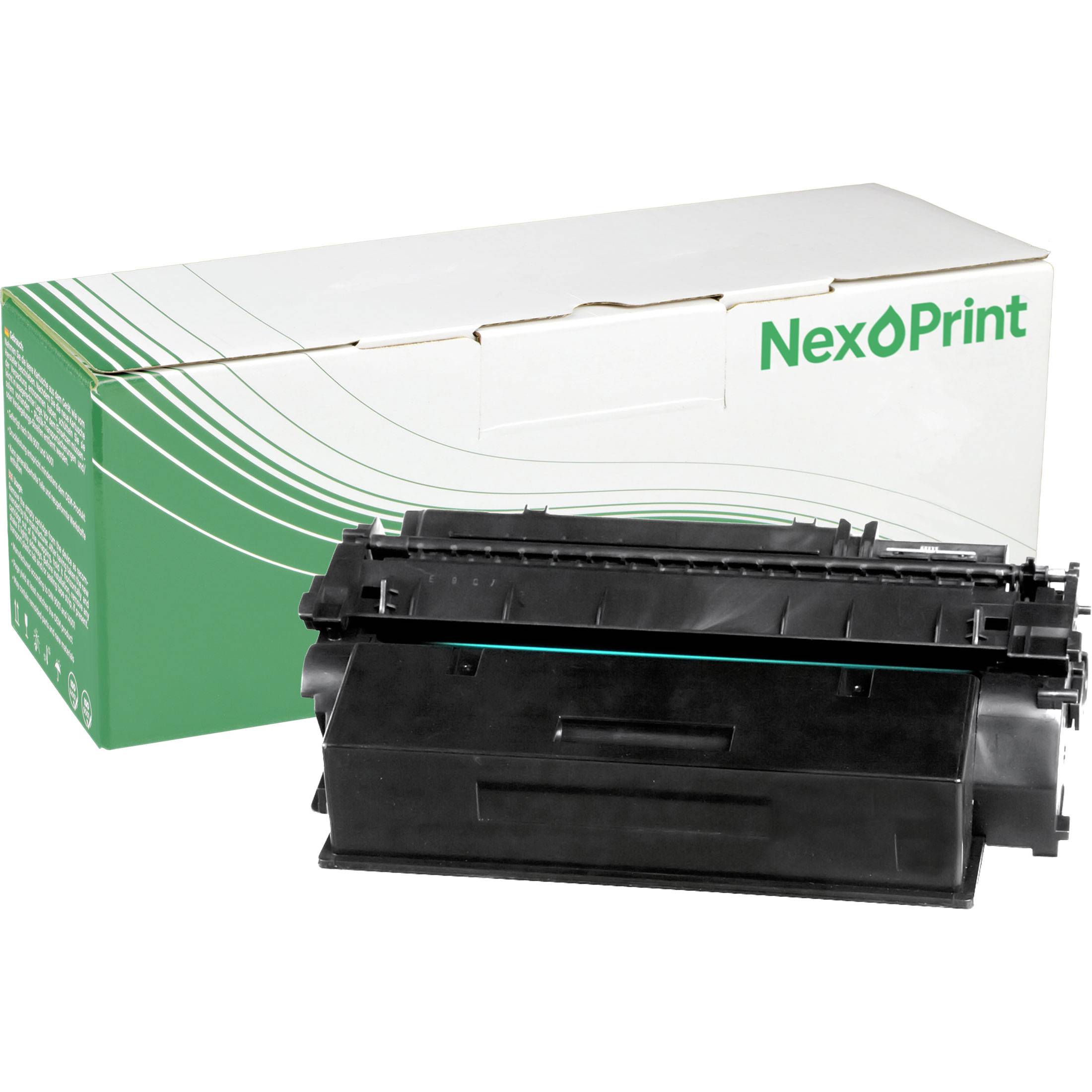 Eine Druckertonerpatrone vor einer mit 'NexoPrint' gekennzeichneten Schachtel.