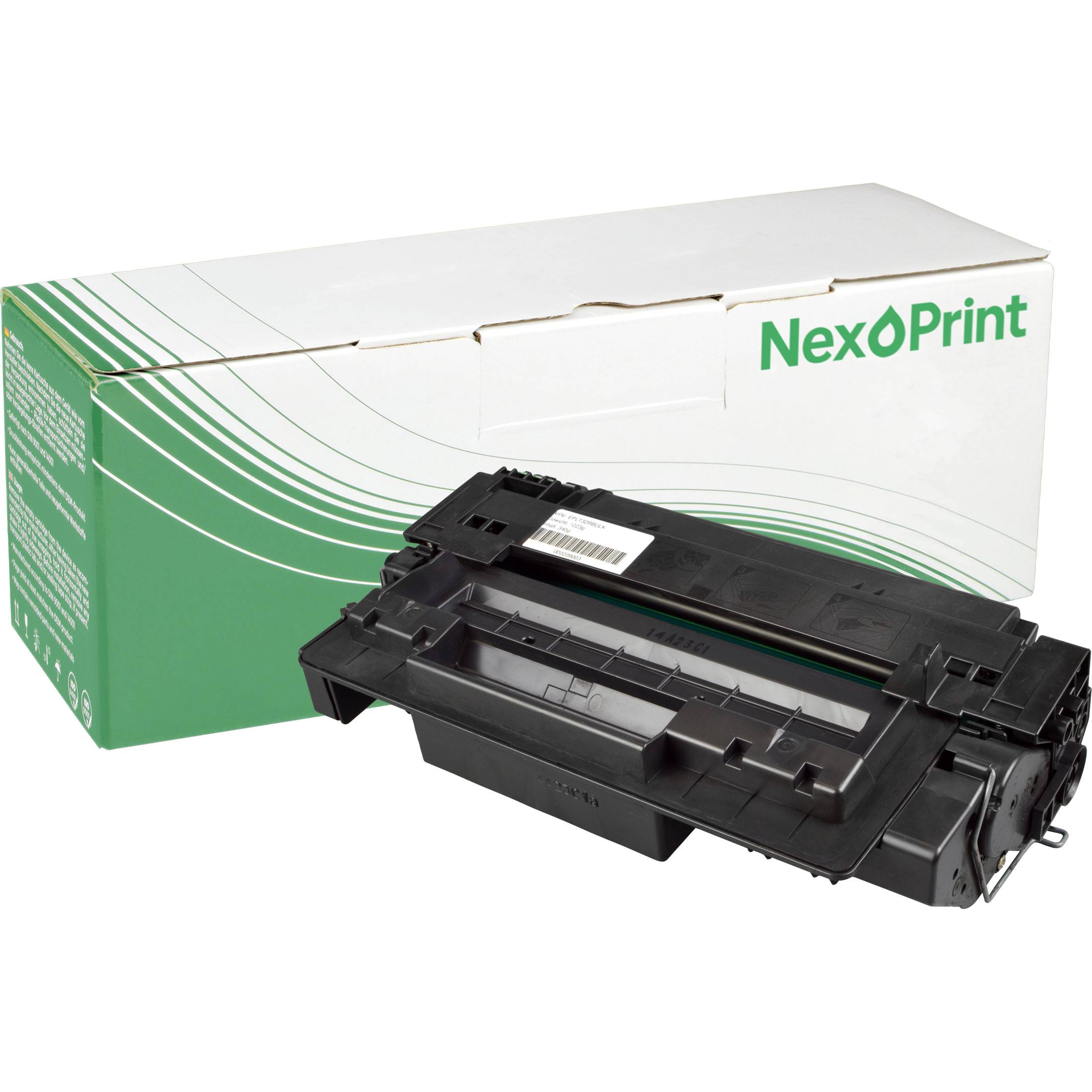 Eine Tonerkartusche vor einer Schachtel der Marke NexPrint, wahrscheinlich zur Verwendung in einem Laserdrucker.