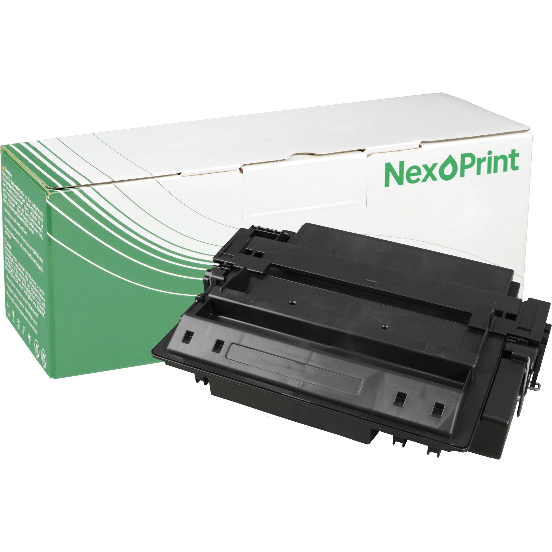 Druckertonerkassette, die vor einer grünen und weißen Schachtel mit der Marke 