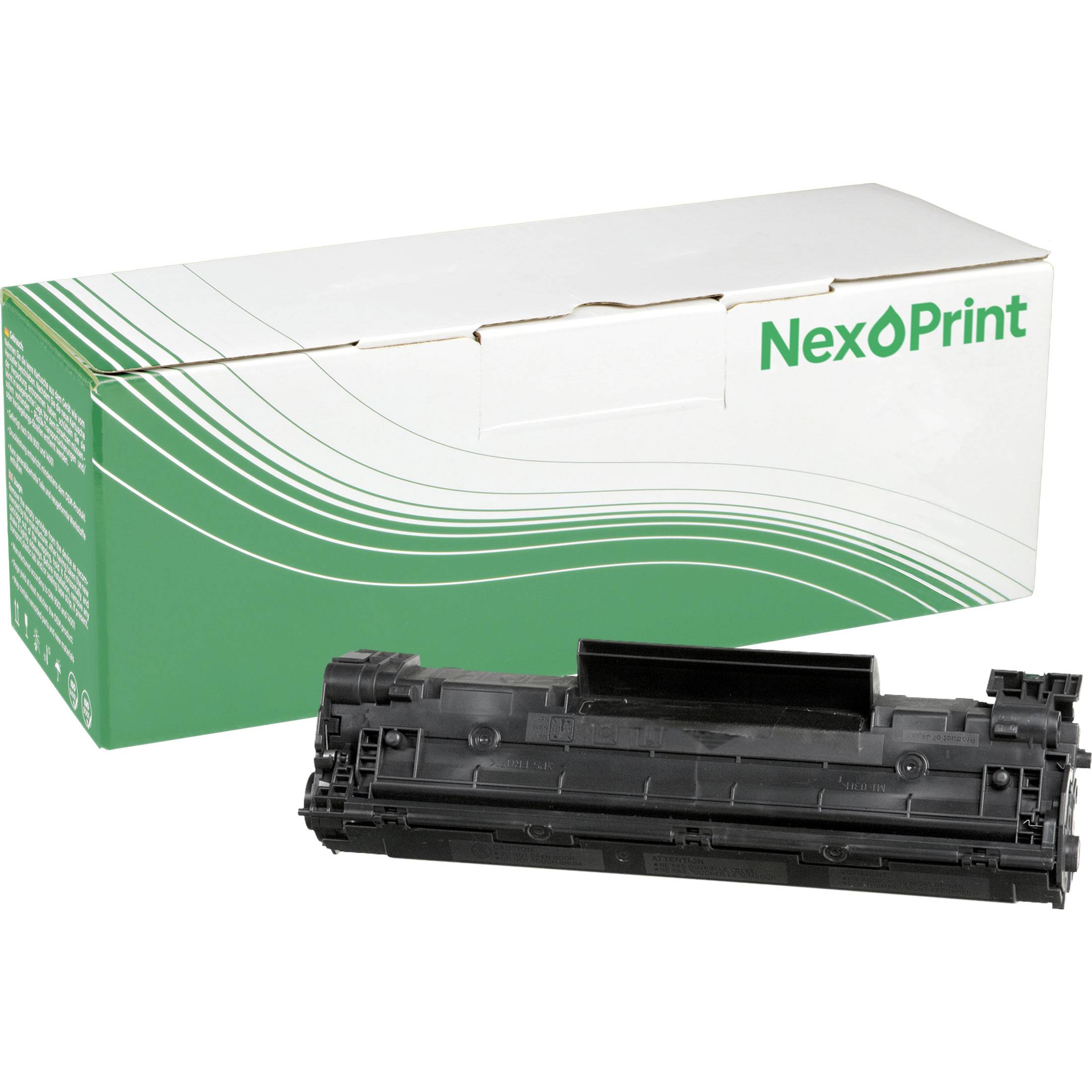 »NexøPrint« Druckertonerpatrone mit Markenbild und Verpackungskarton. Der Karton hat ein grün-weißes Design.