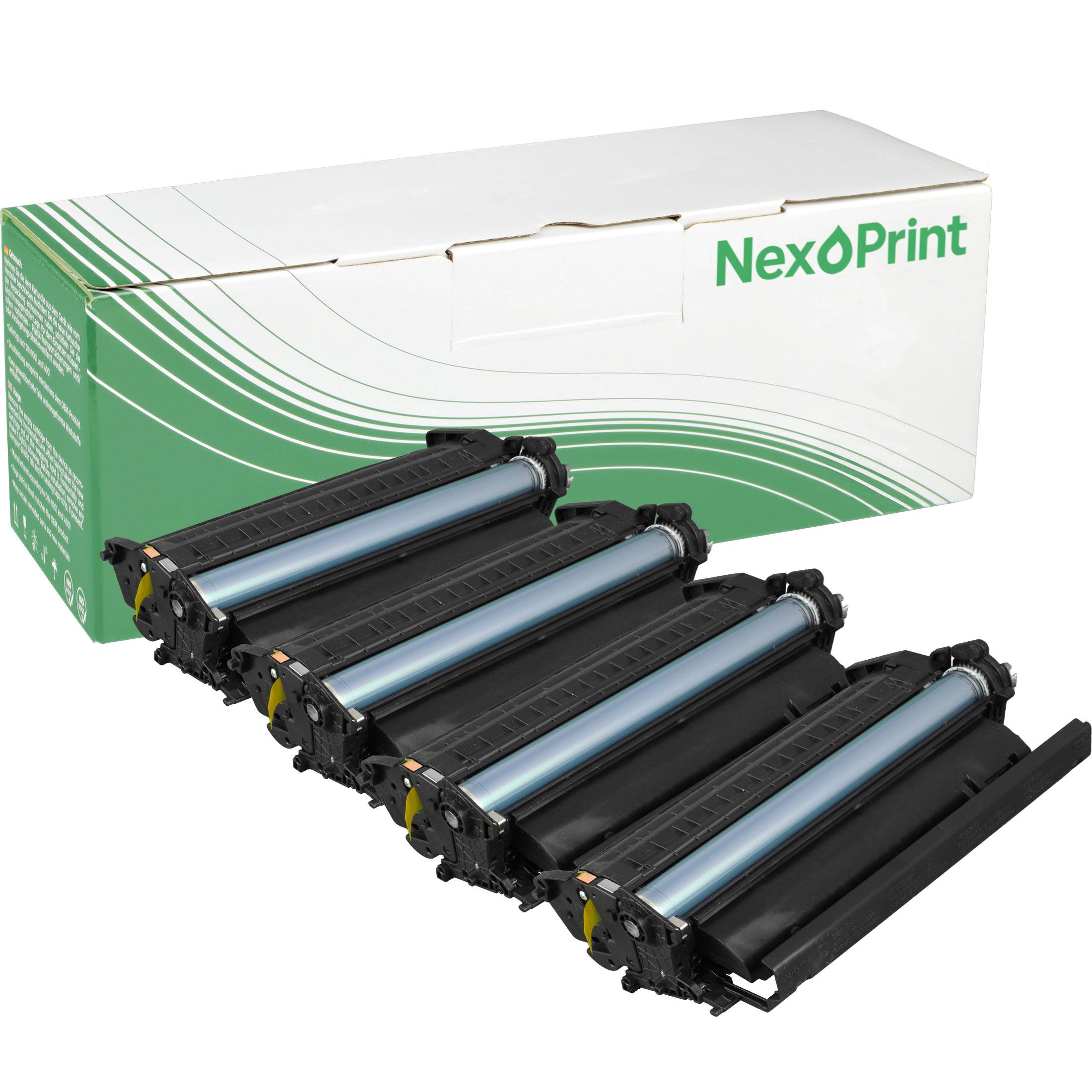 Fünf NexÖPrint-Tonerpatronen vor einer grünen und weißen Markenbox, die anzeigt, dass sie zur Verwendung in Druckern bestimmt sind.