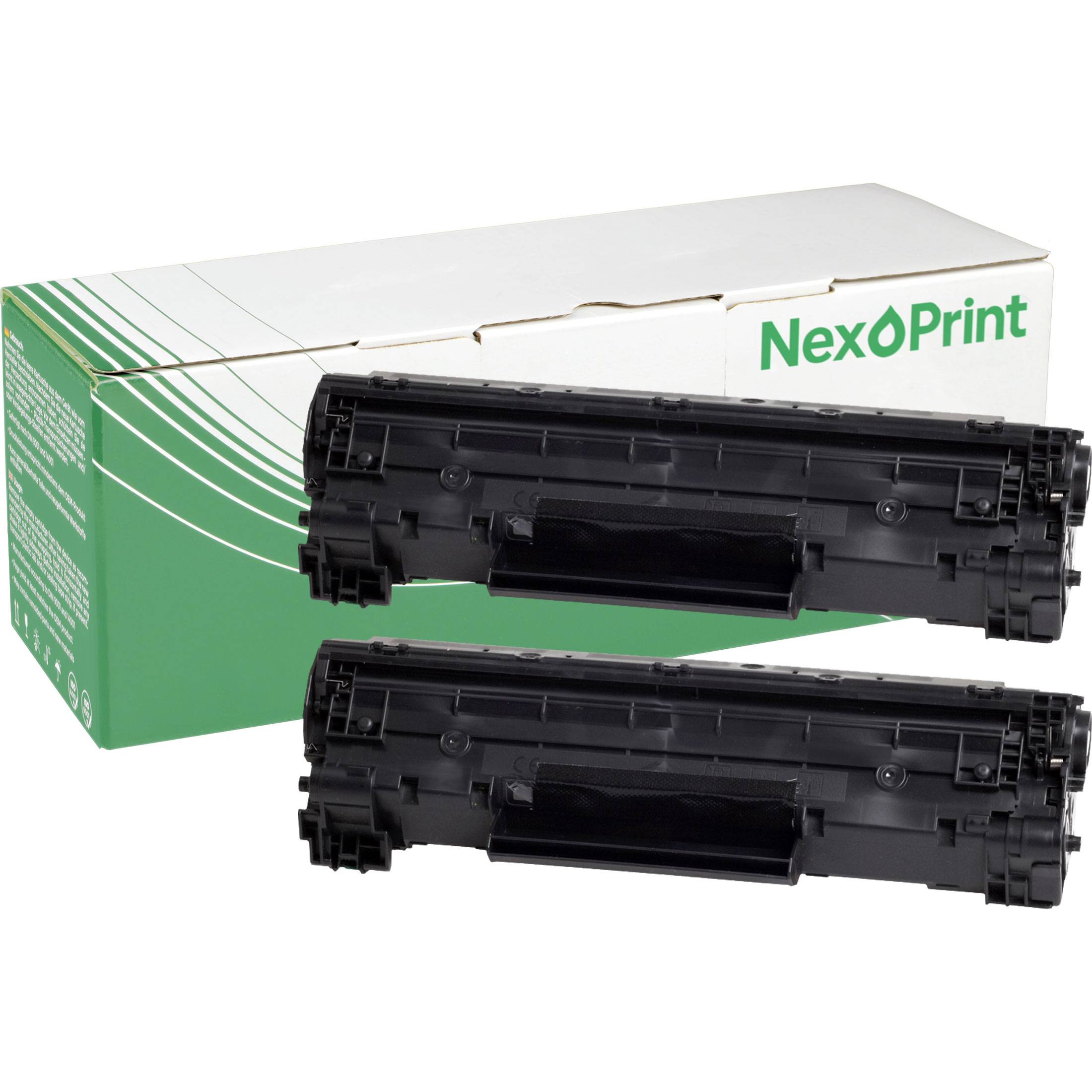 Zwei schwarze Tonerpatronen vor einer grün-weißen Schachtel mit der Aufschrift „NexoPrint