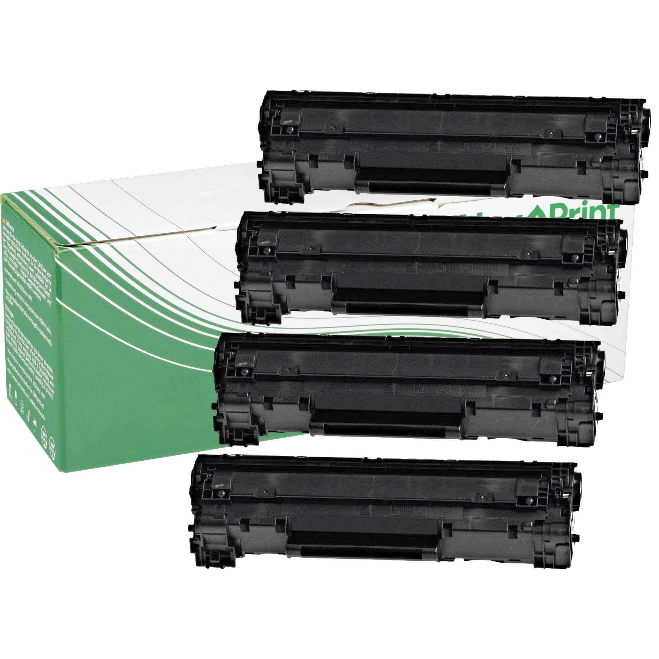 Vier schwarze Tonerpatronen sind vor einer grünen und weißen Box positioniert, die zum Lagern oder Versenden konzipiert ist.