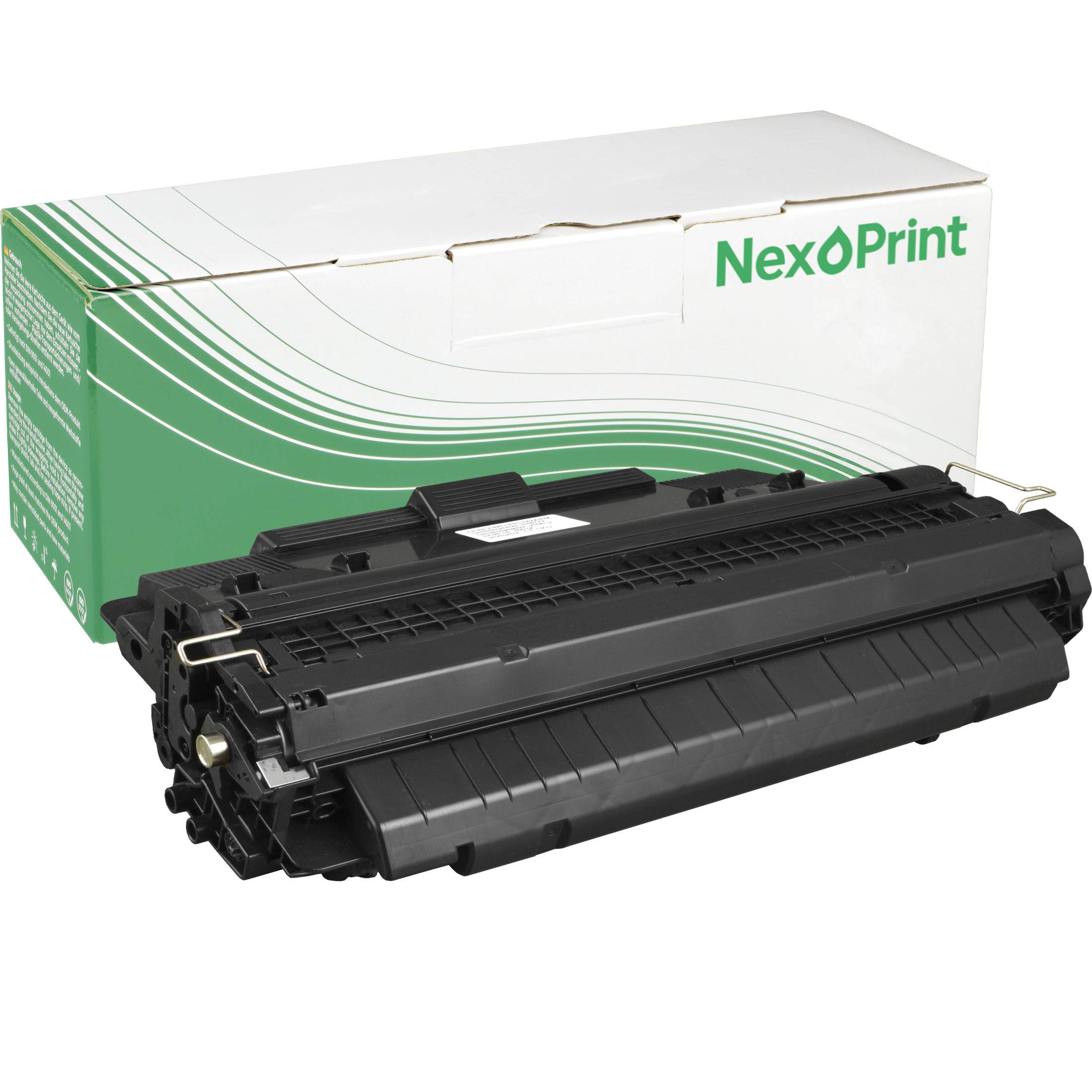 Eine schwarze Tonerpatrone vor einer grünen und weißen Box mit der Marke „NexPrint