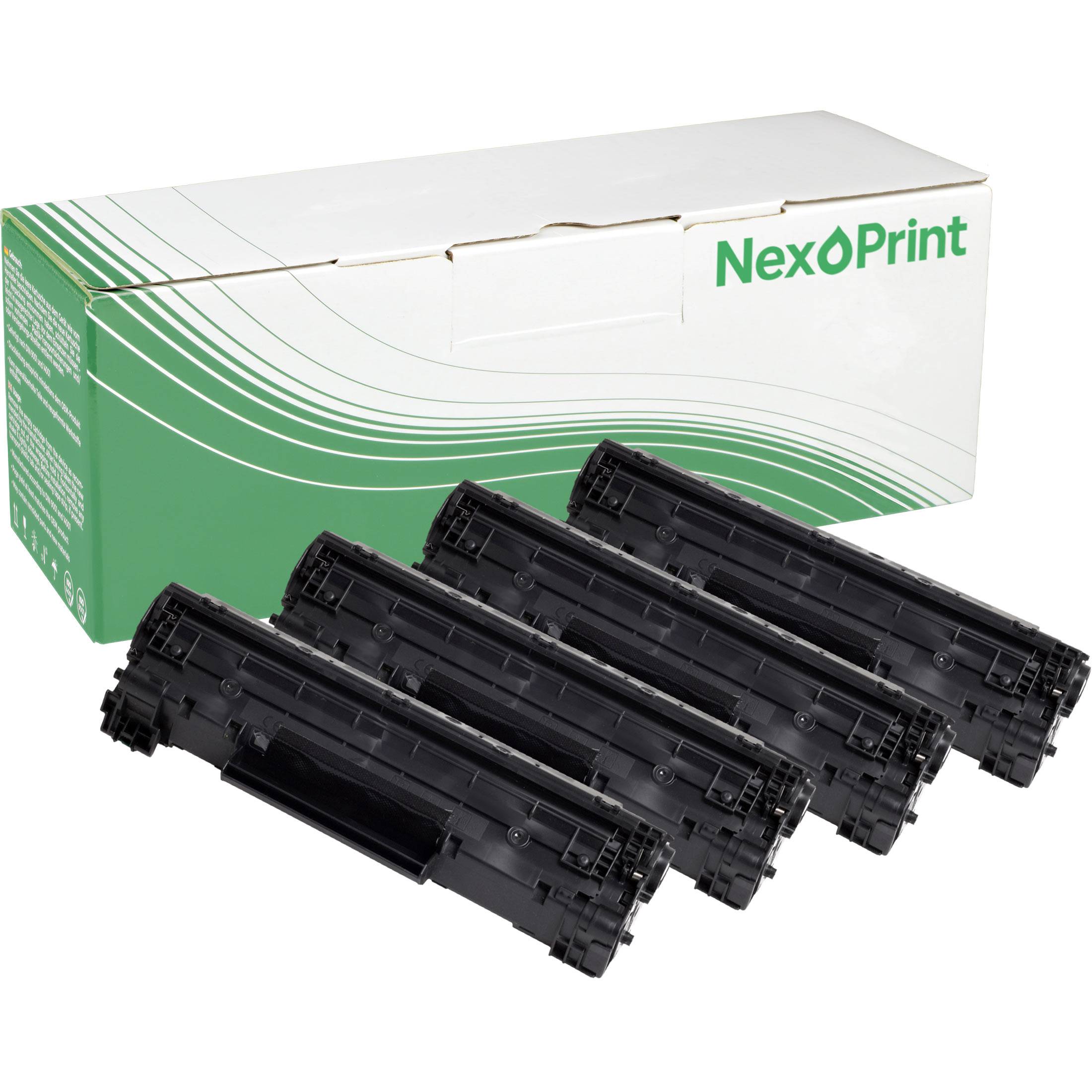 Vier schwarze Tonerpatronen vor grün-weißer Verpackung der Marke „NexPrint