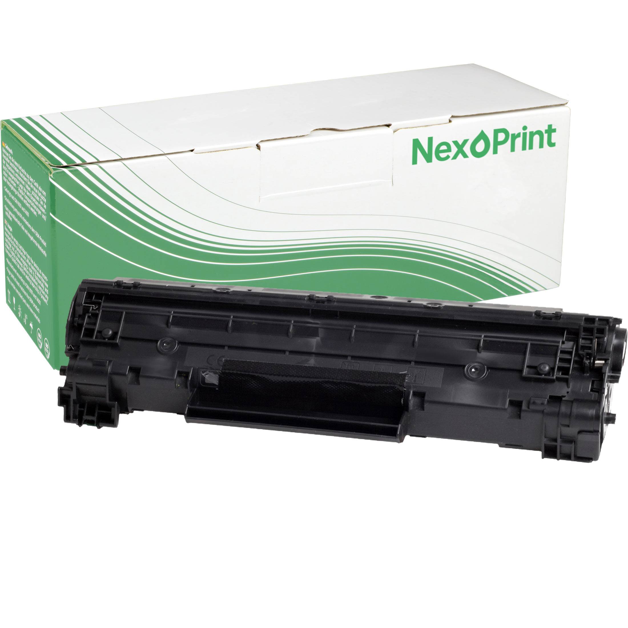 Eine schwarze Druckertonerpatrone vor einer grün-weißen 'NexPrint'-Schachtel.