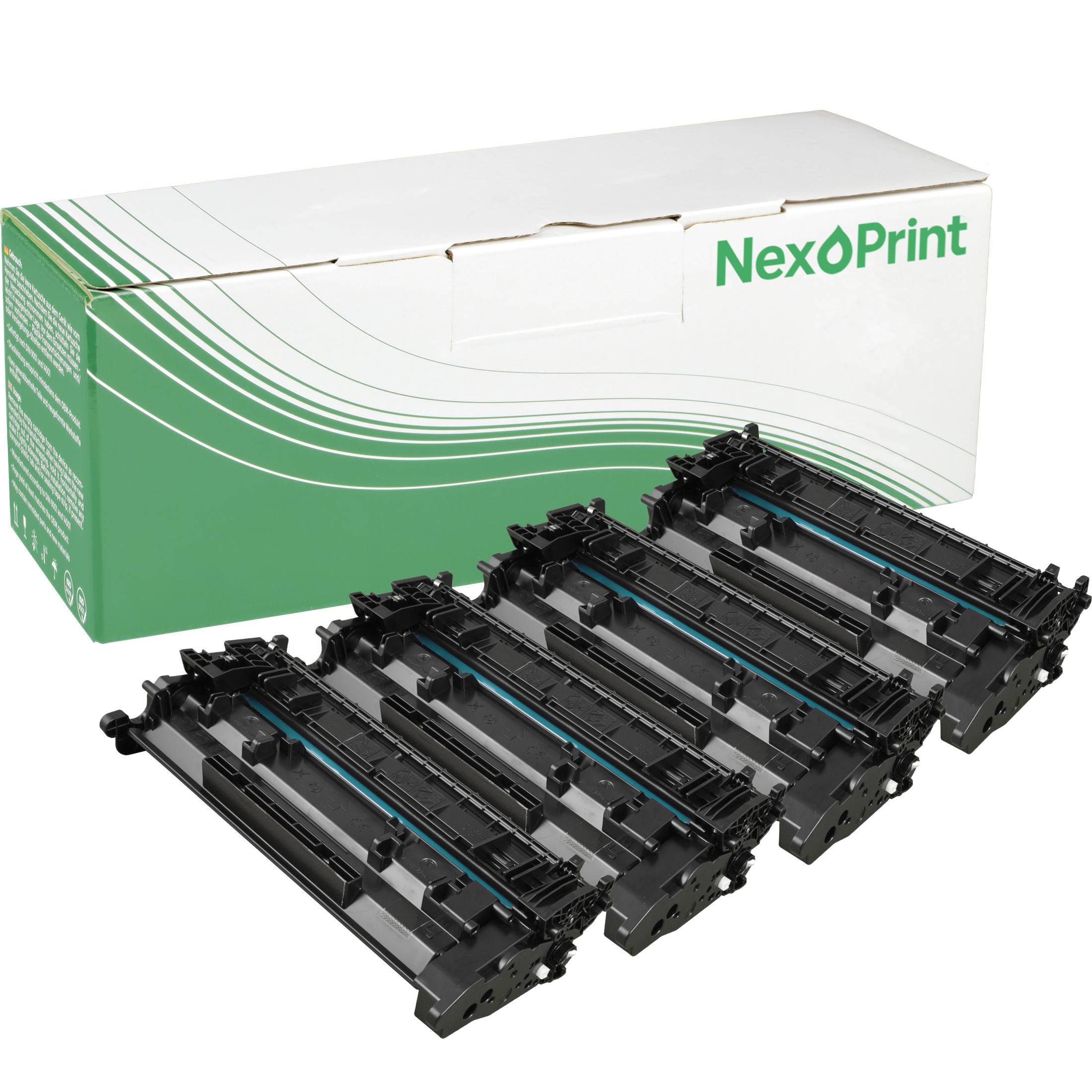 Druckertoner-Kartuschen mit einer grün und weiß bedruckten 'NexoPrint'-Markenbox im Hintergrund.