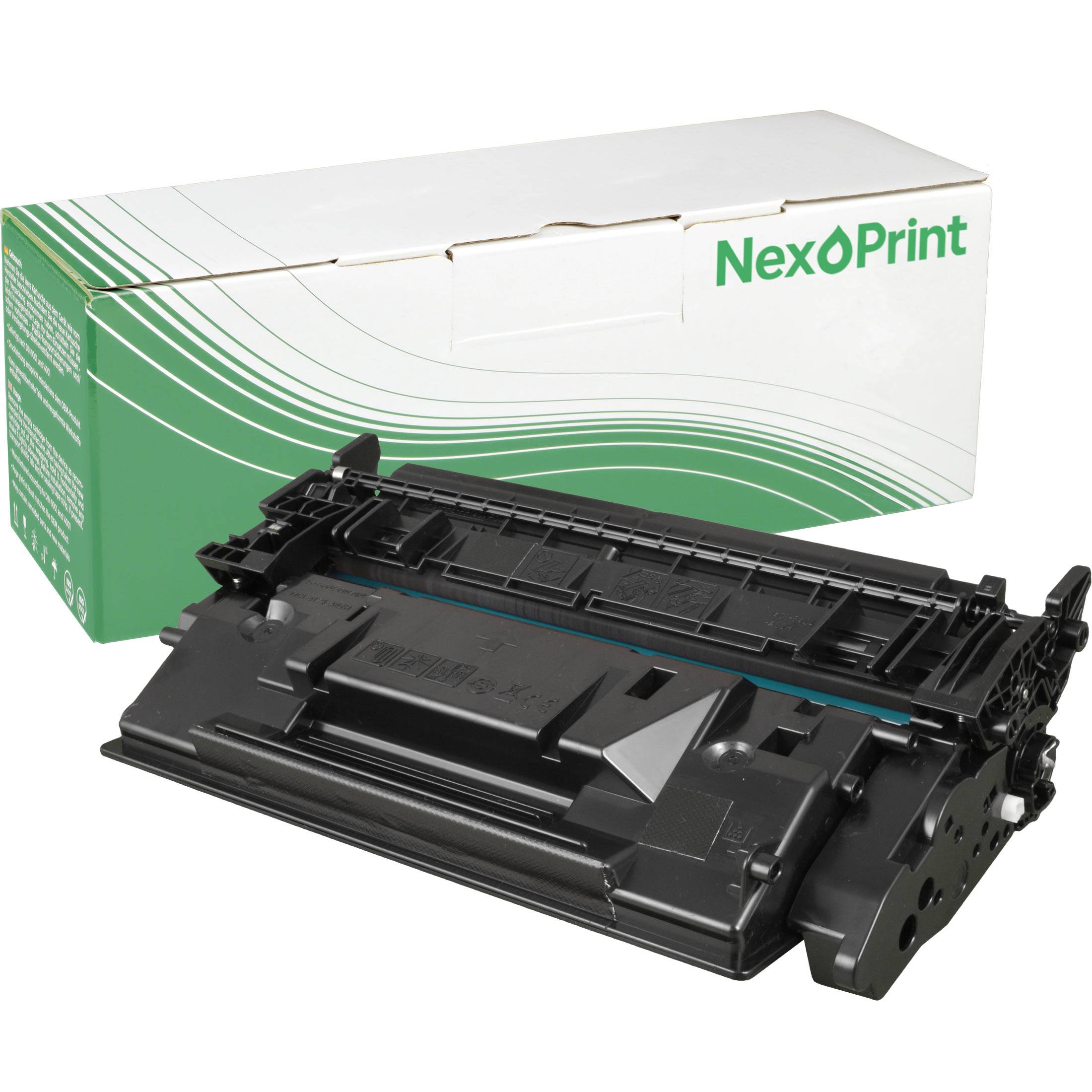 Eine schwarze Druckertonerkartusche vor einer grün-weißen Schachtel mit der Aufschrift 'NexPrint'.