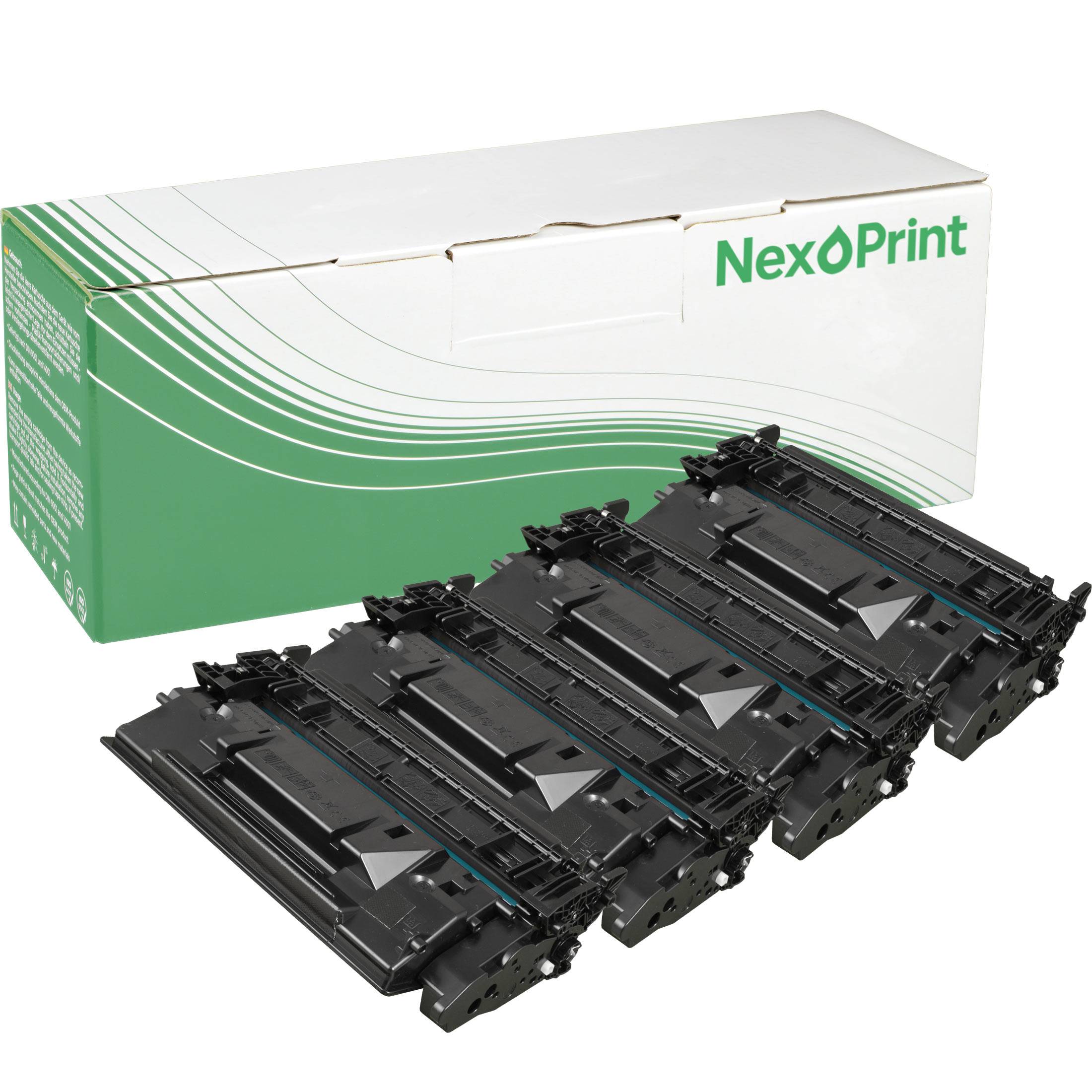 Vier schwarze Tonerpatronen, die vor einer Schachtel mit der Aufschrift 