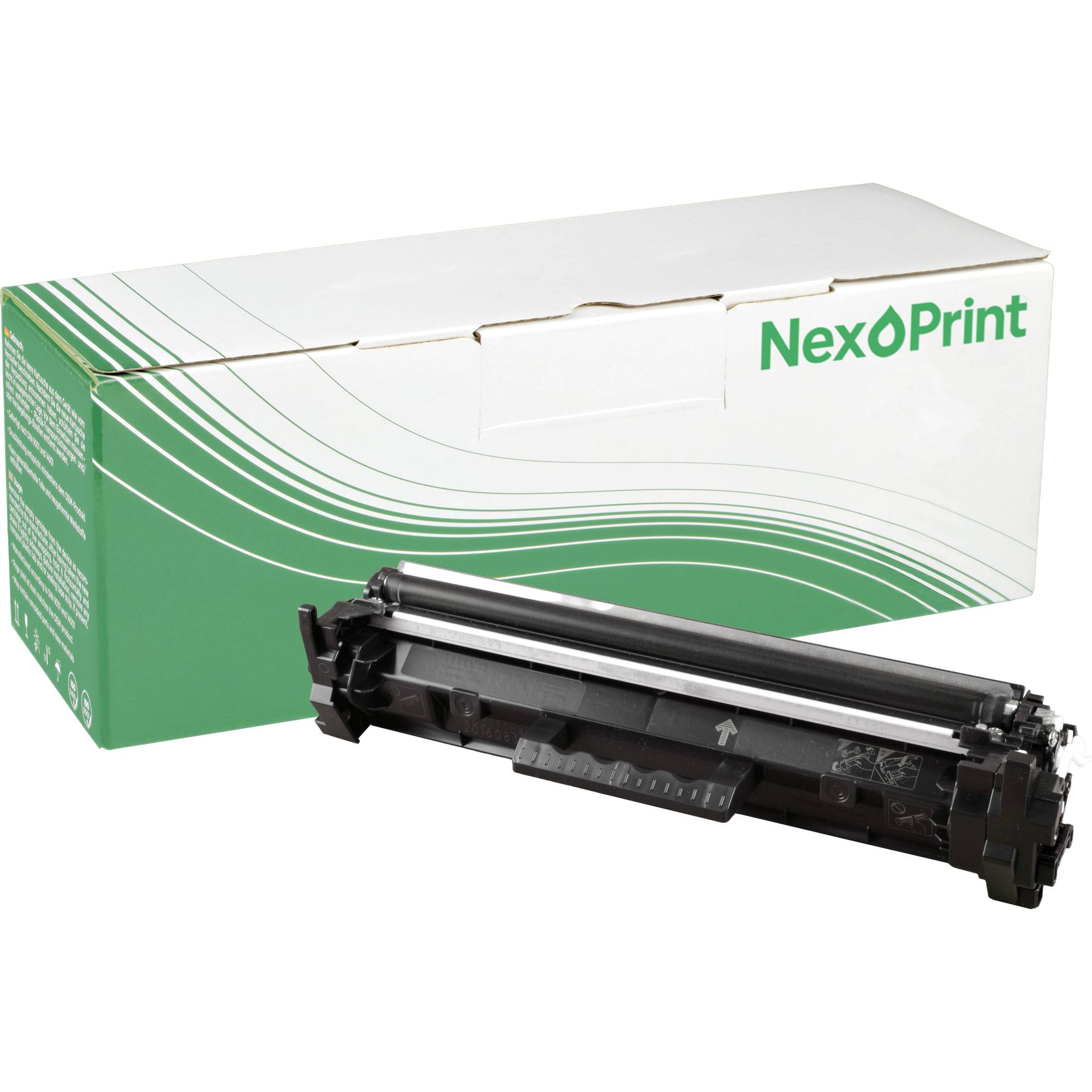 Eine Druckertoner-Patrone vor einer weißen Box mit der Aufschrift „NexoPrint