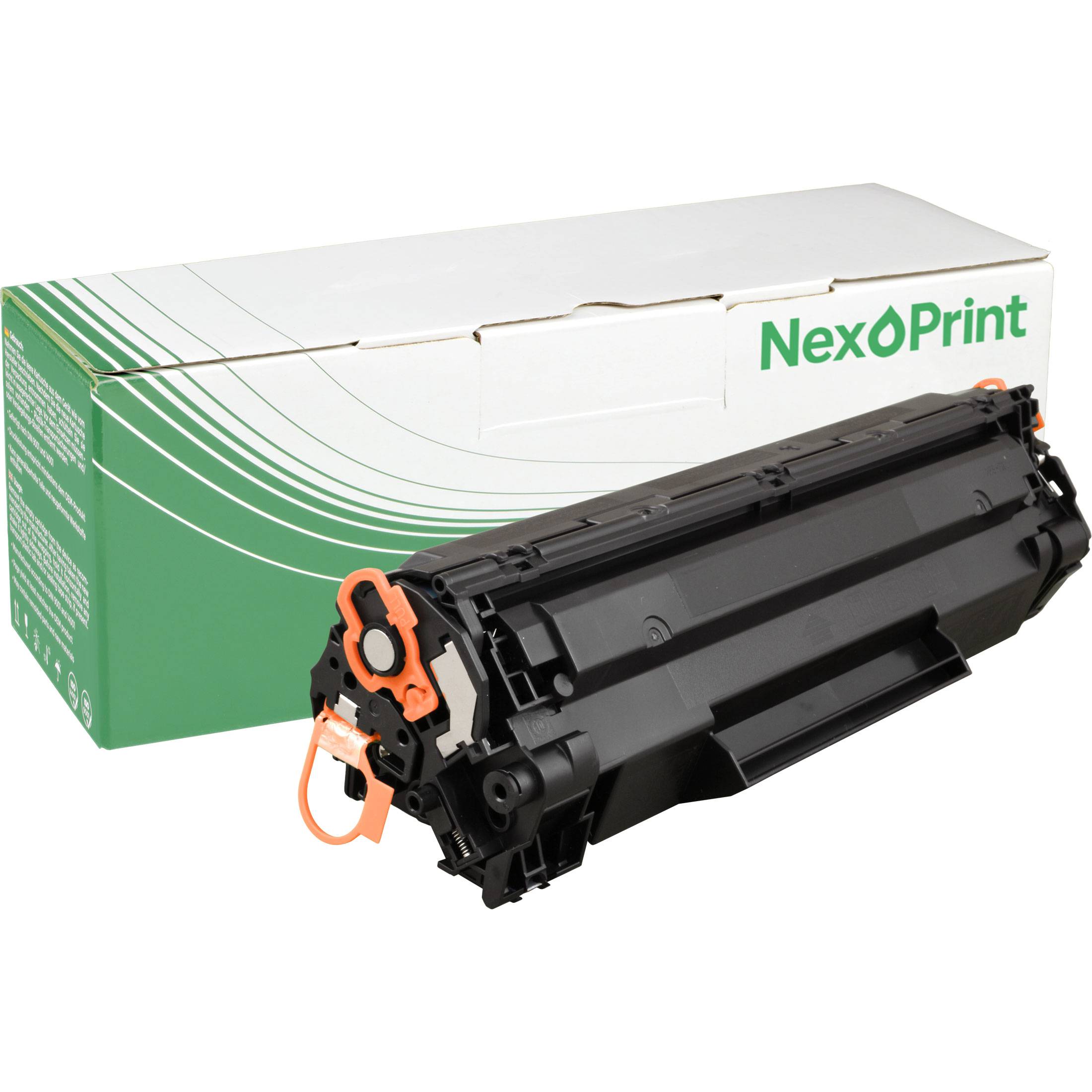 Eine NexPrint-Tonerpatrone wird angezeigt und zeigt ein schwarzes, rechteckiges Design vor einer grün und weiß bedruckten Originalverpackung.