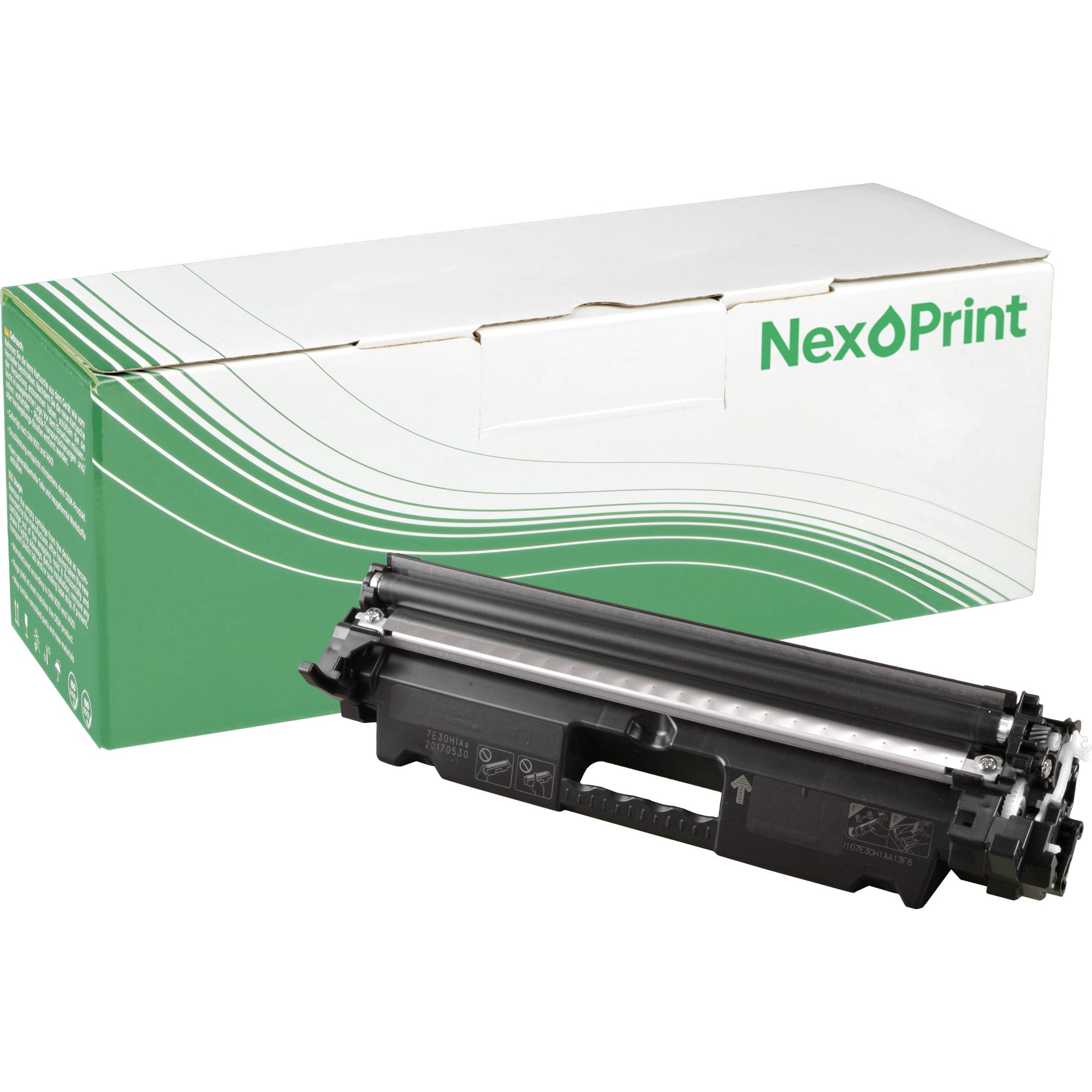 „Druckertonerkartusche vor einer weiß-grünen Box mit der Aufschrift „NexPrint