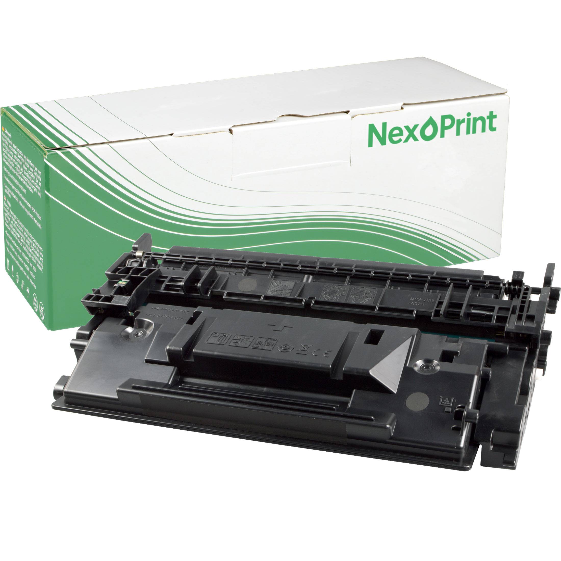 Eine schwarze Tonerkartusche, die vor einer grün-weiß gestalteten 