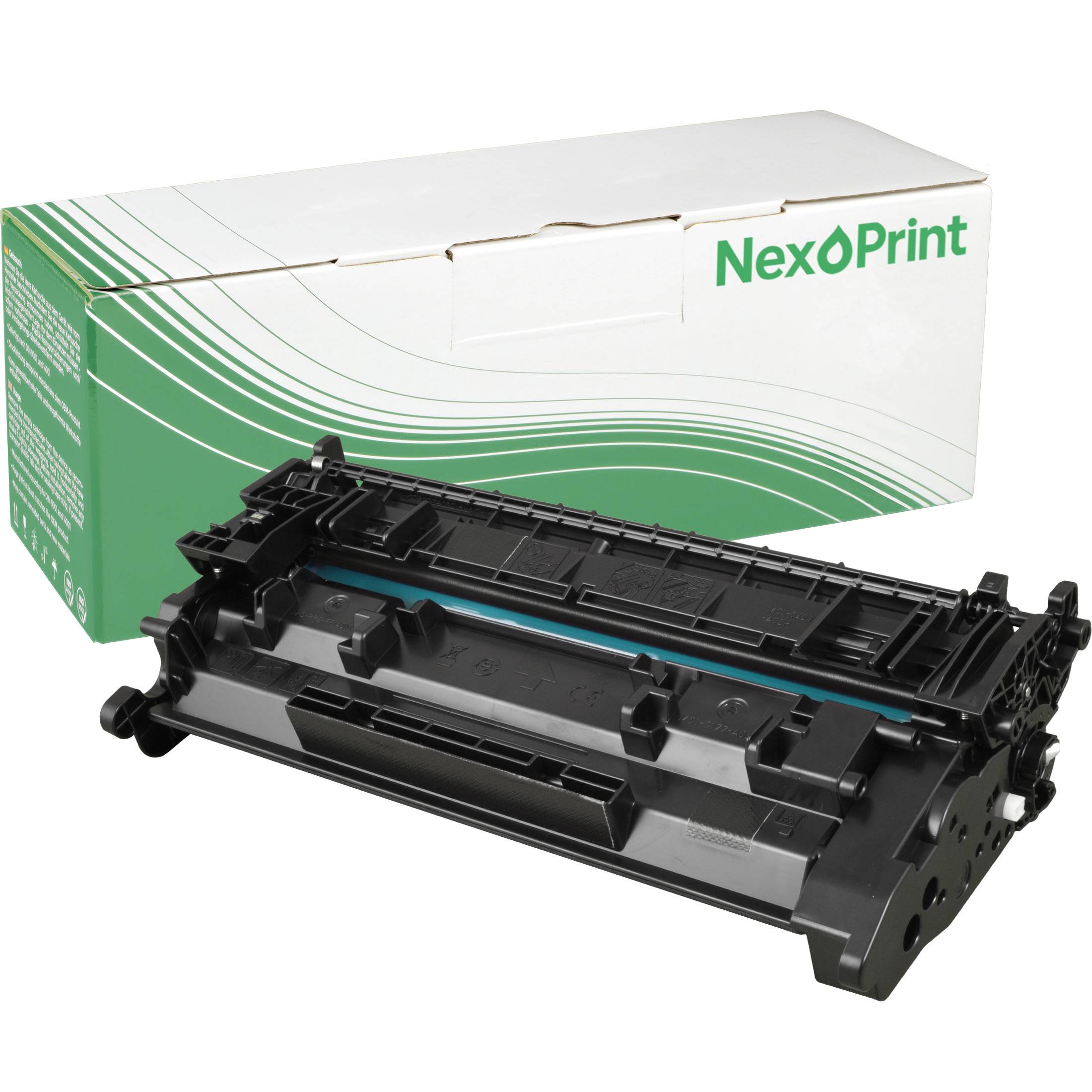 Schwarze Tonerpatrone vor einer grün und weiß gestreiften NextPrint-Box.