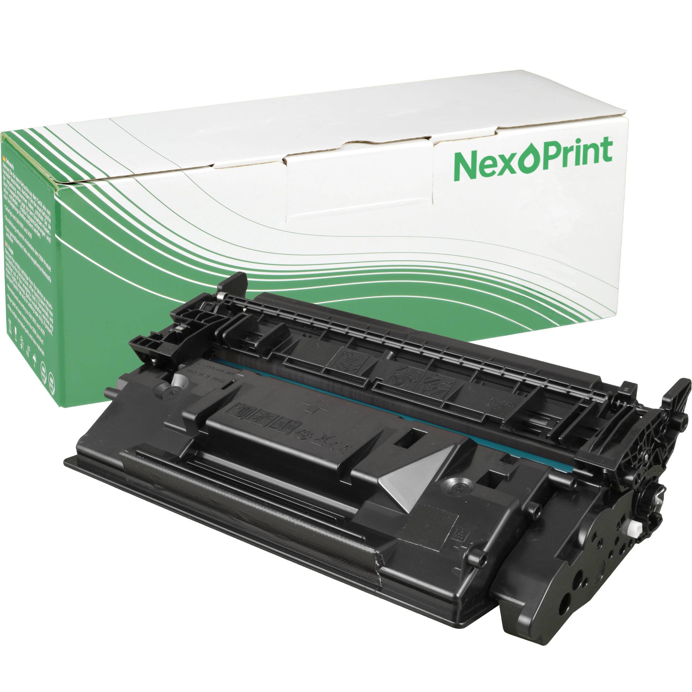 Schwarze Tonerpatrone vor einer weiß-grünen NexPrint-Box, geeignet für Laserdrucker.