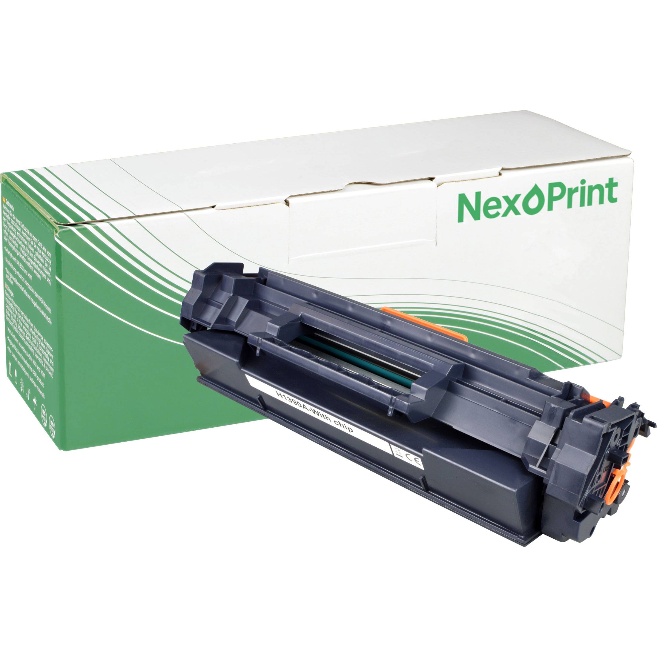 Eine schwarze NexOPrint-Tonerpatrone vor ihrer grün-weiß gestreiften Verpackungsbox.