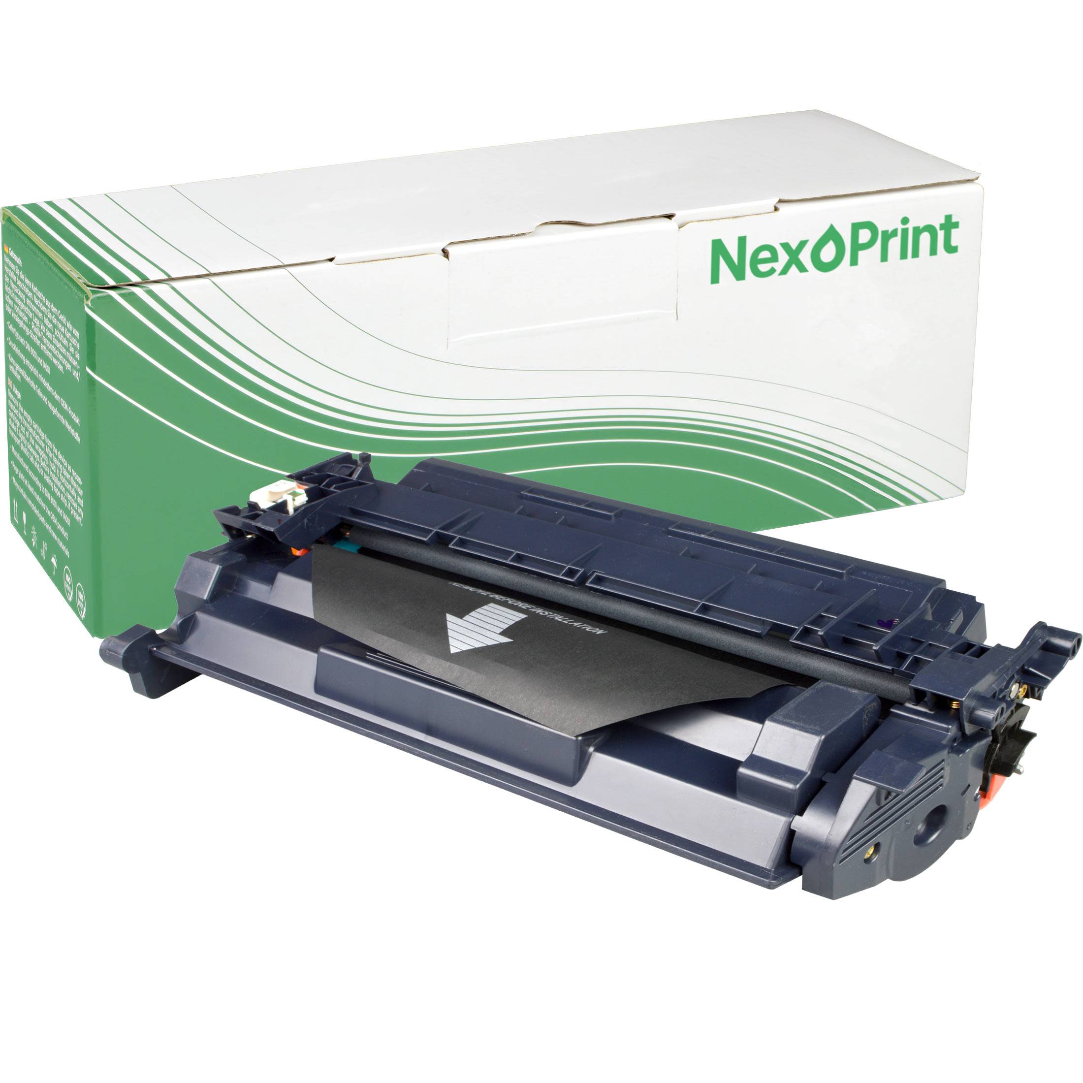 Eine Druckertonerpatrone vor einer grün-weißen NexPrint-Schachtel.