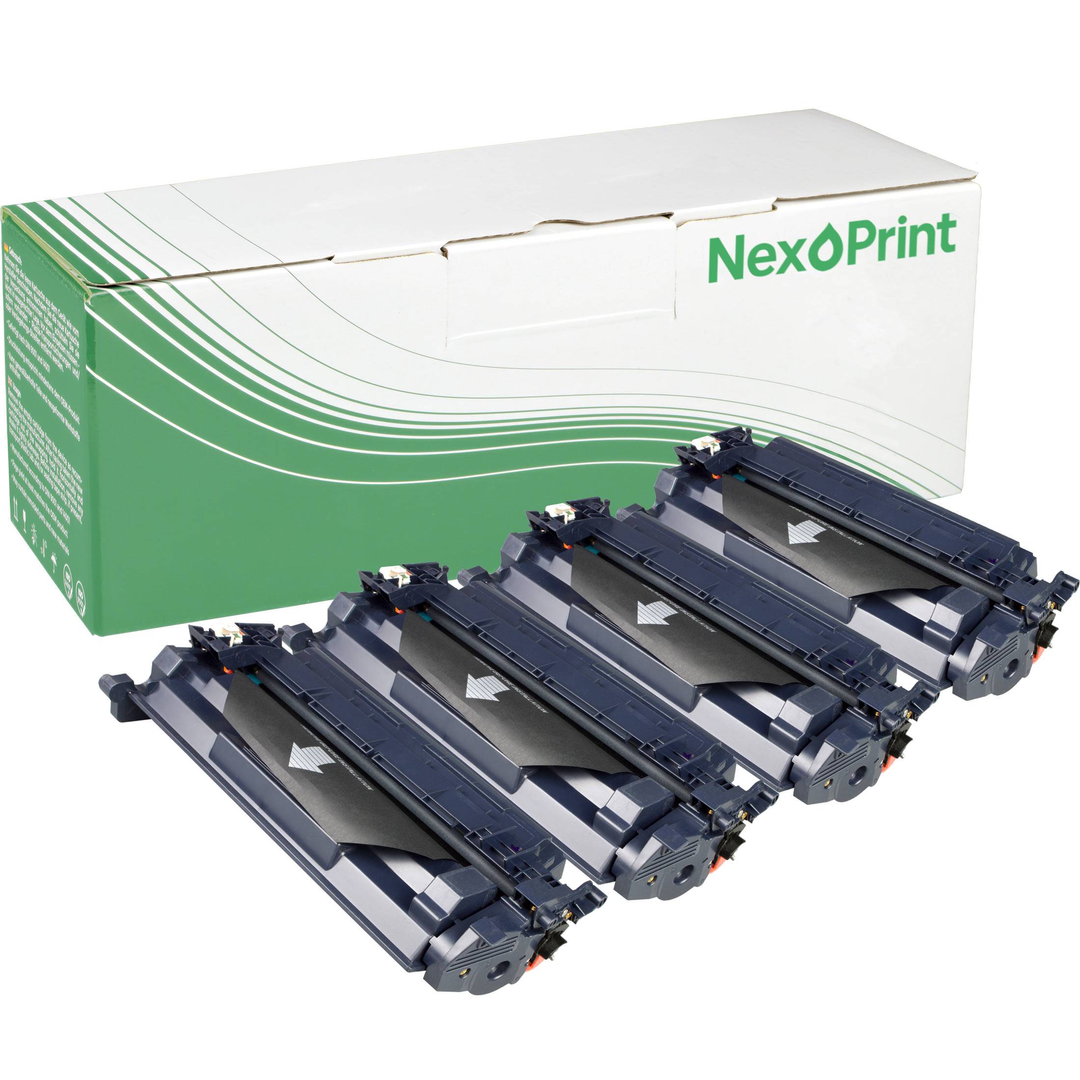 Vier schwarze Tonerpatronen, die vor einer mit grünen Akzenten versehenen 'NexoPrint'-Markenbox angeordnet sind.