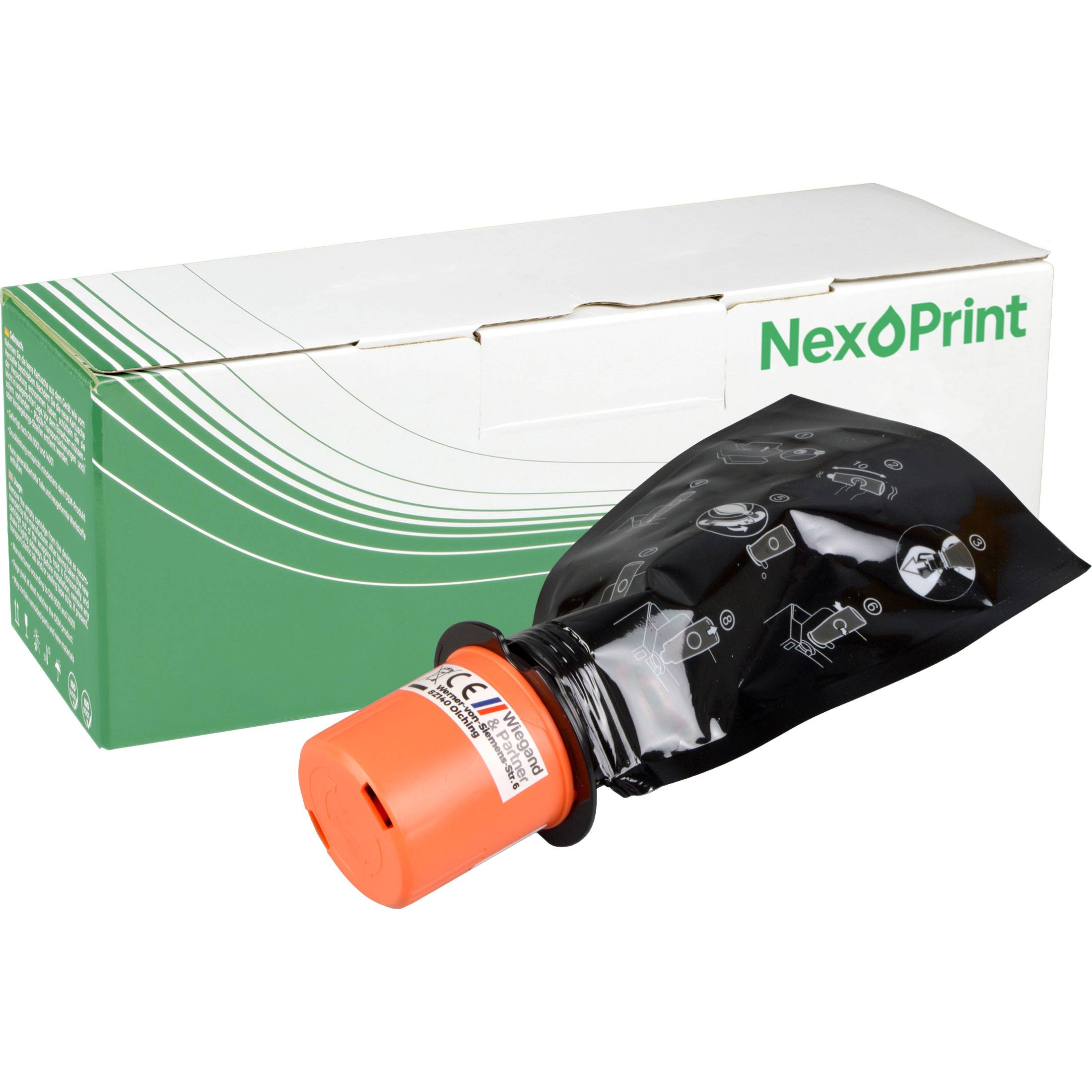 Tintenpatrone mit orangefarbener Kappe und schwarzem Körper mit weißen Symbolen, positioniert vor einer grün-weißen NexPrint-Schachtel, was auf die Verpackung hinweist.