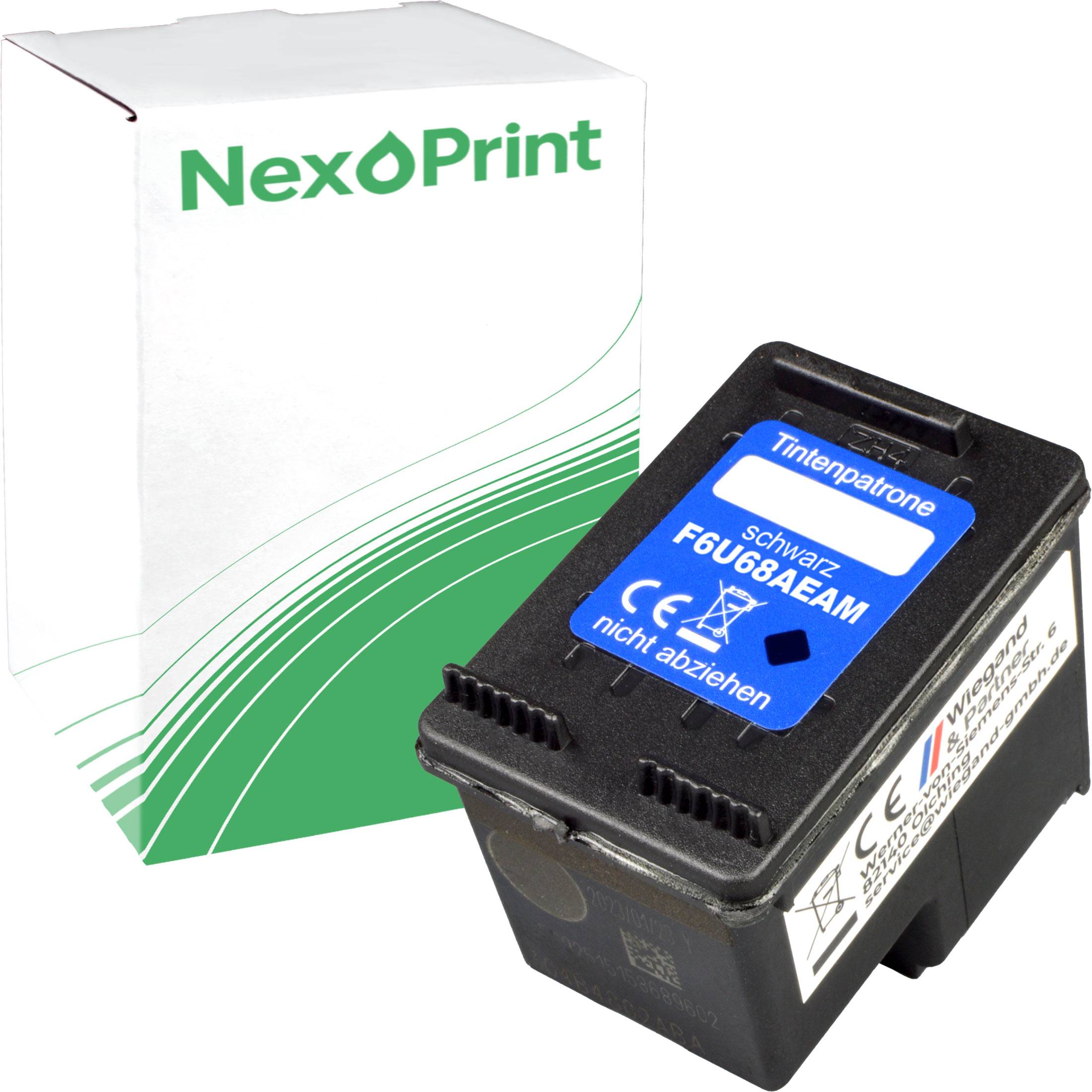 Eine Tintenpatrone mit der Beschriftung 'Schwarz F6U68AEAM' neben einer Schachtel. Die Schachtel zeigt den Markennamen 'NexPrint' mit einem grünen Wellendesign.