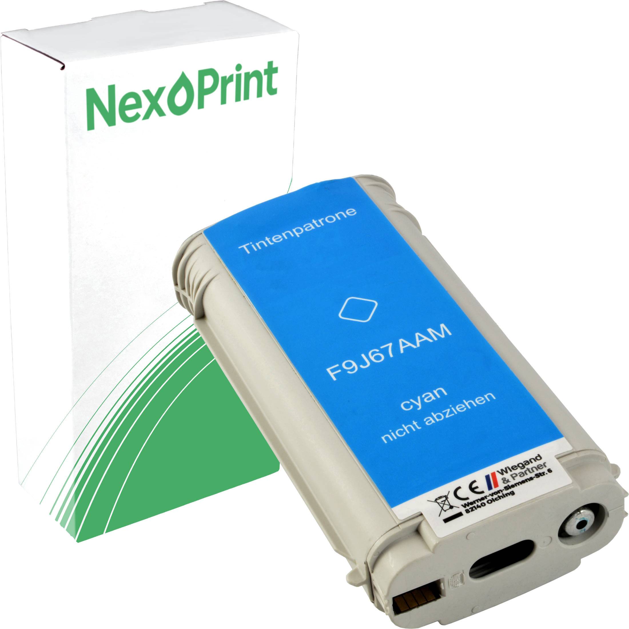 Eine Cyan-Tintenpatrone mit der Bezeichnung 'F9J67AAM' von NexPrint neben ihrer Verpackung.