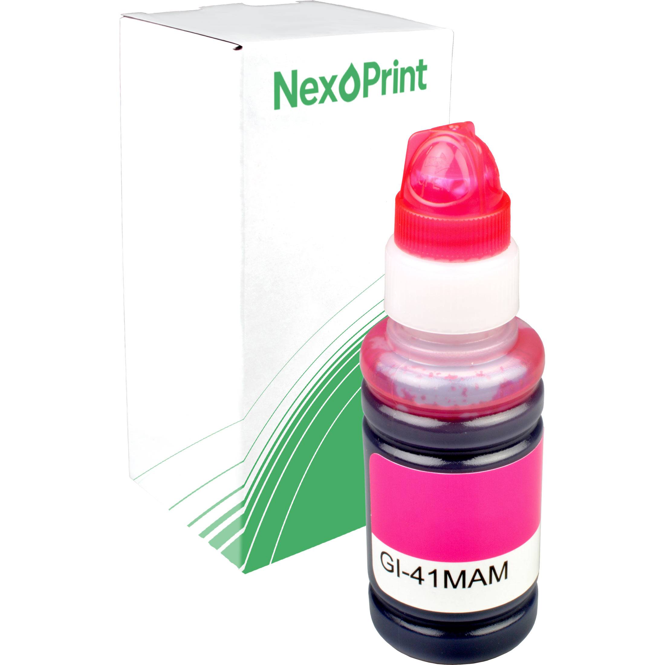 Eine Flasche NexPrint GI-41MAM Magenta-Tinte vor einer weißen Schachtel mit grüner Grafik.