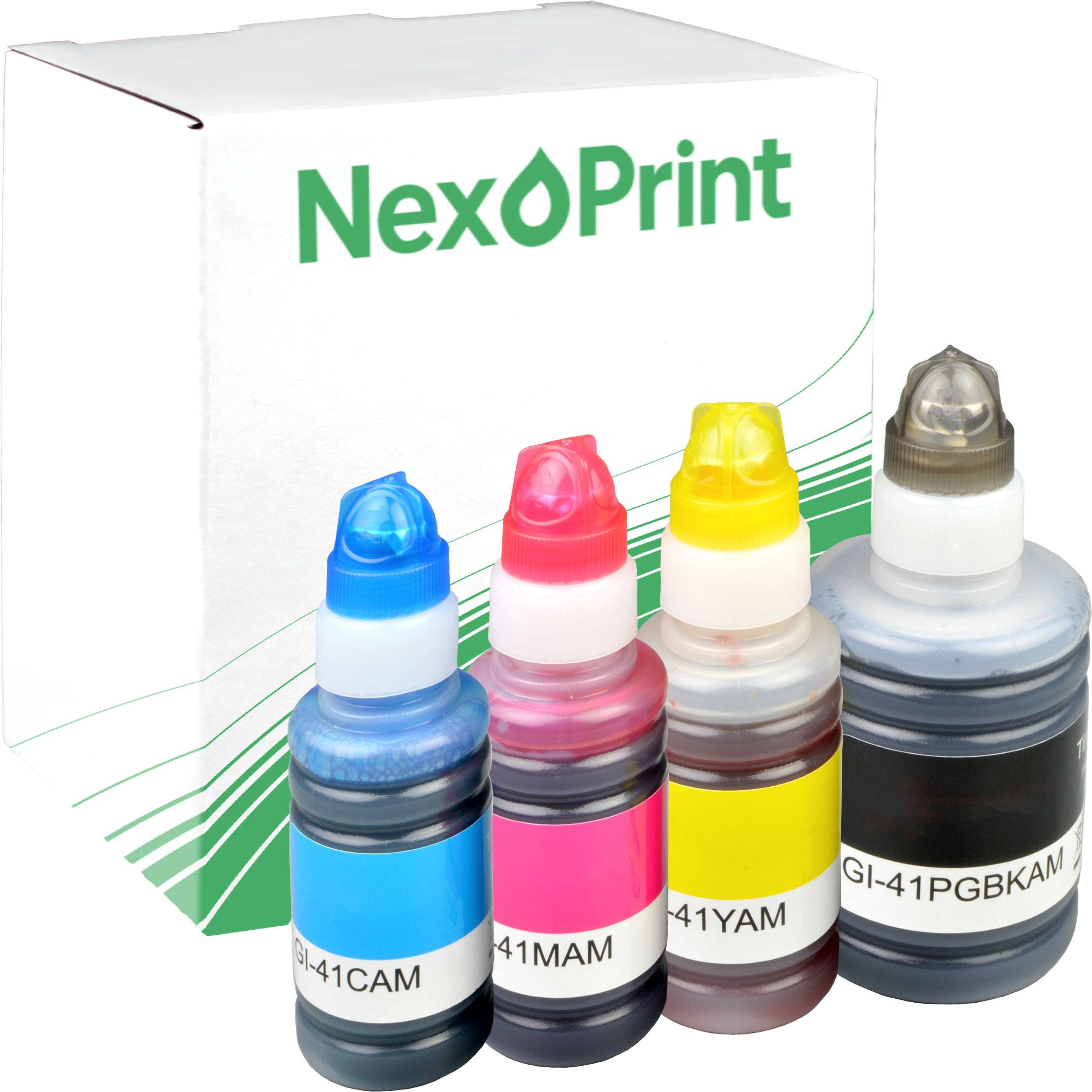 Vier Tintenfläschchen in Cyan, Magenta, Gelb und Schwarz sind vor einer Schachtel mit der Aufschrift 