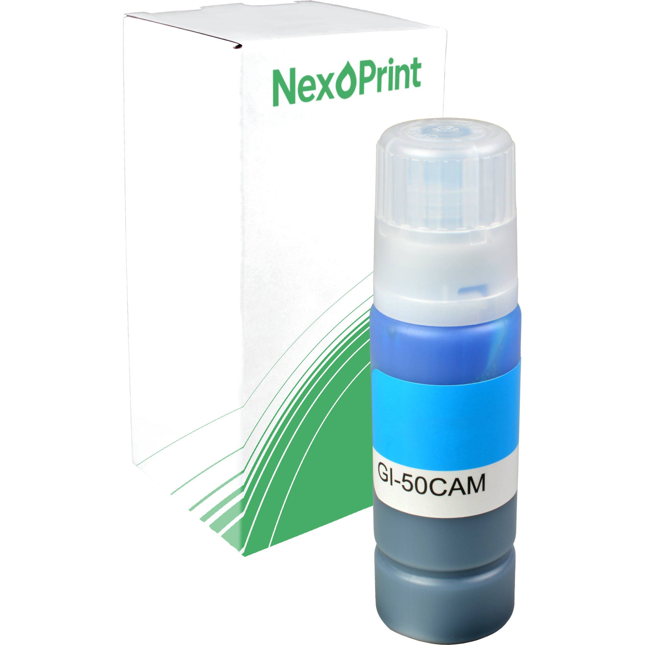 Etikett für Tintenflasche 'NexoPrint' mit der Bezeichnung 'GI-50CAM', daneben die Verpackung mit grünen Akzenten.