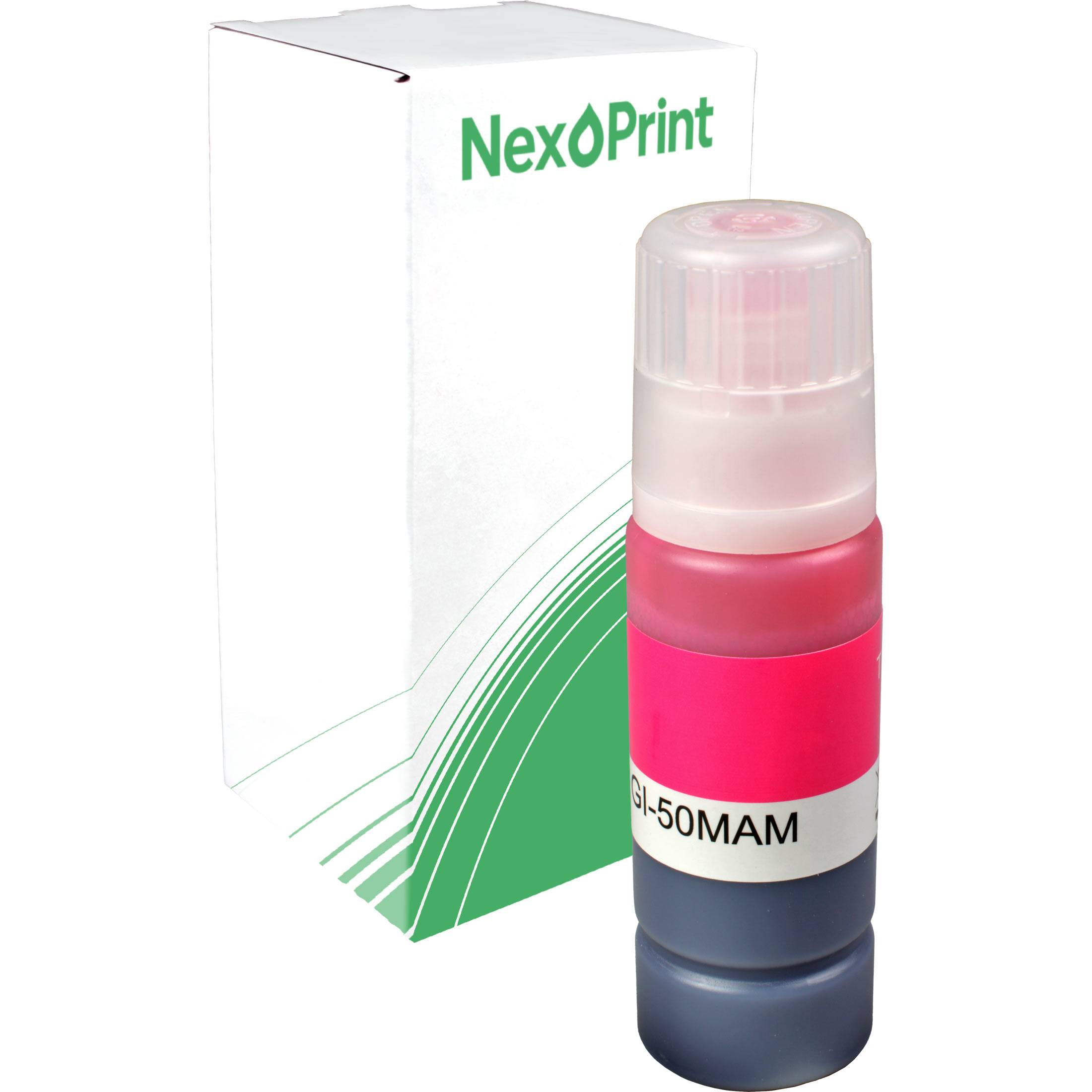 NexPrint GI-50MAM Magenta-Tintenflasche vor einer Markenverpackung, die Druckertinte zur Ersatzteilverpackung zeigt.
