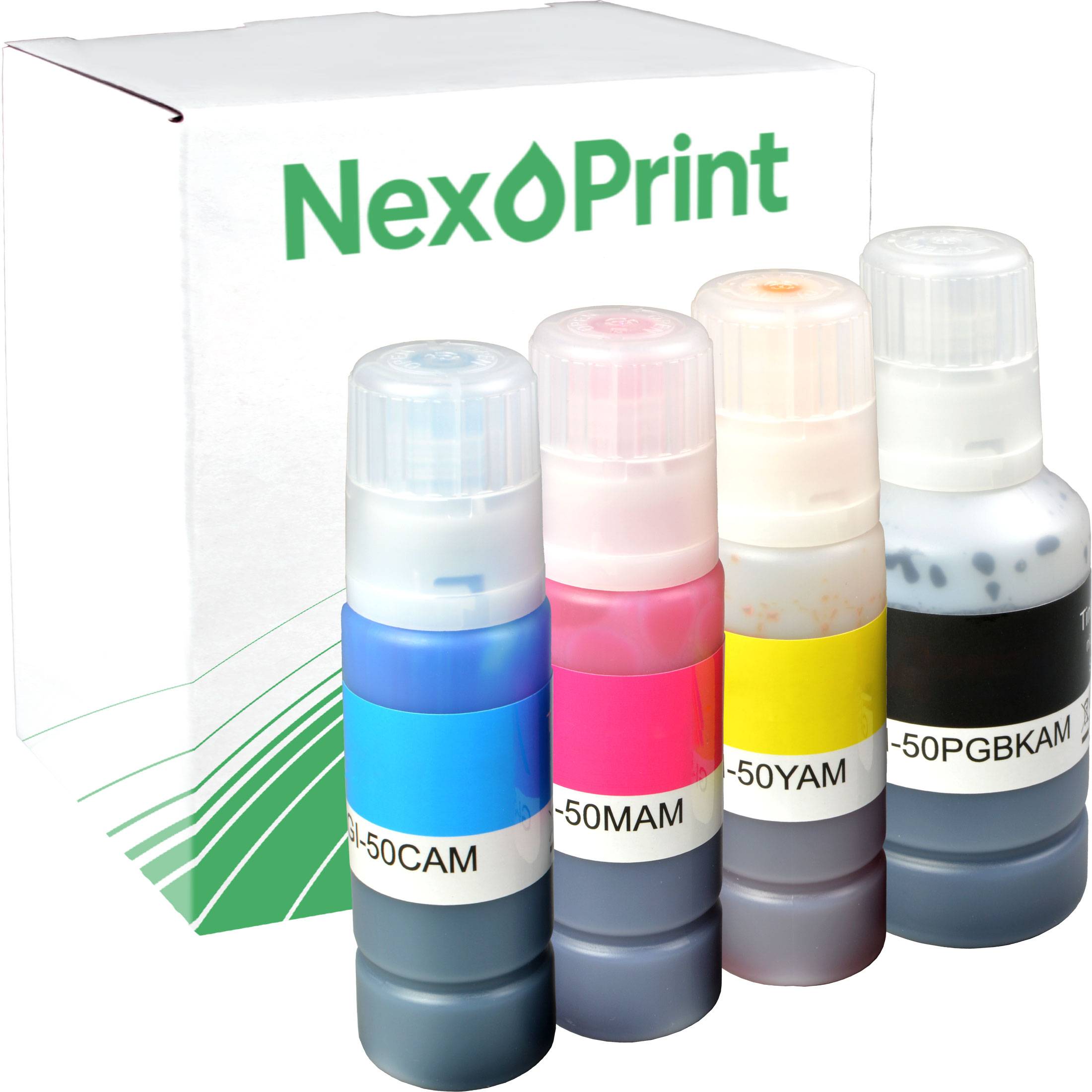 NexPrint' Marken-Tintenauffüllflaschen in Cyan, Magenta, Gelb und Schwarz, die vor einer Produktverpackung mit demselben Branding platziert sind.