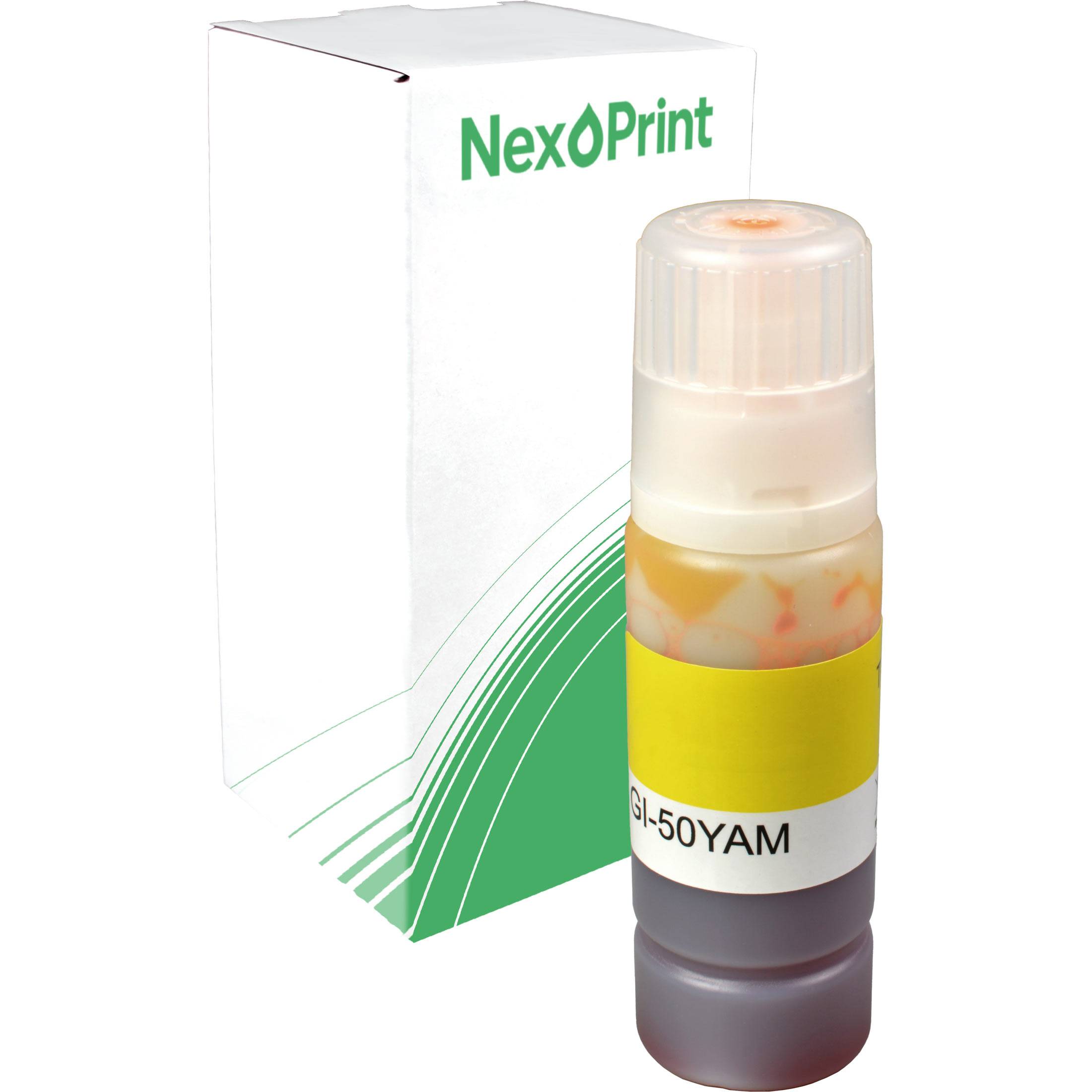 Eine Flasche Nexoprint-Tinte mit der Bezeichnung 'GI-50YAM', die vor ihrer Verpackungsbox mit grün-weißem Design steht.
