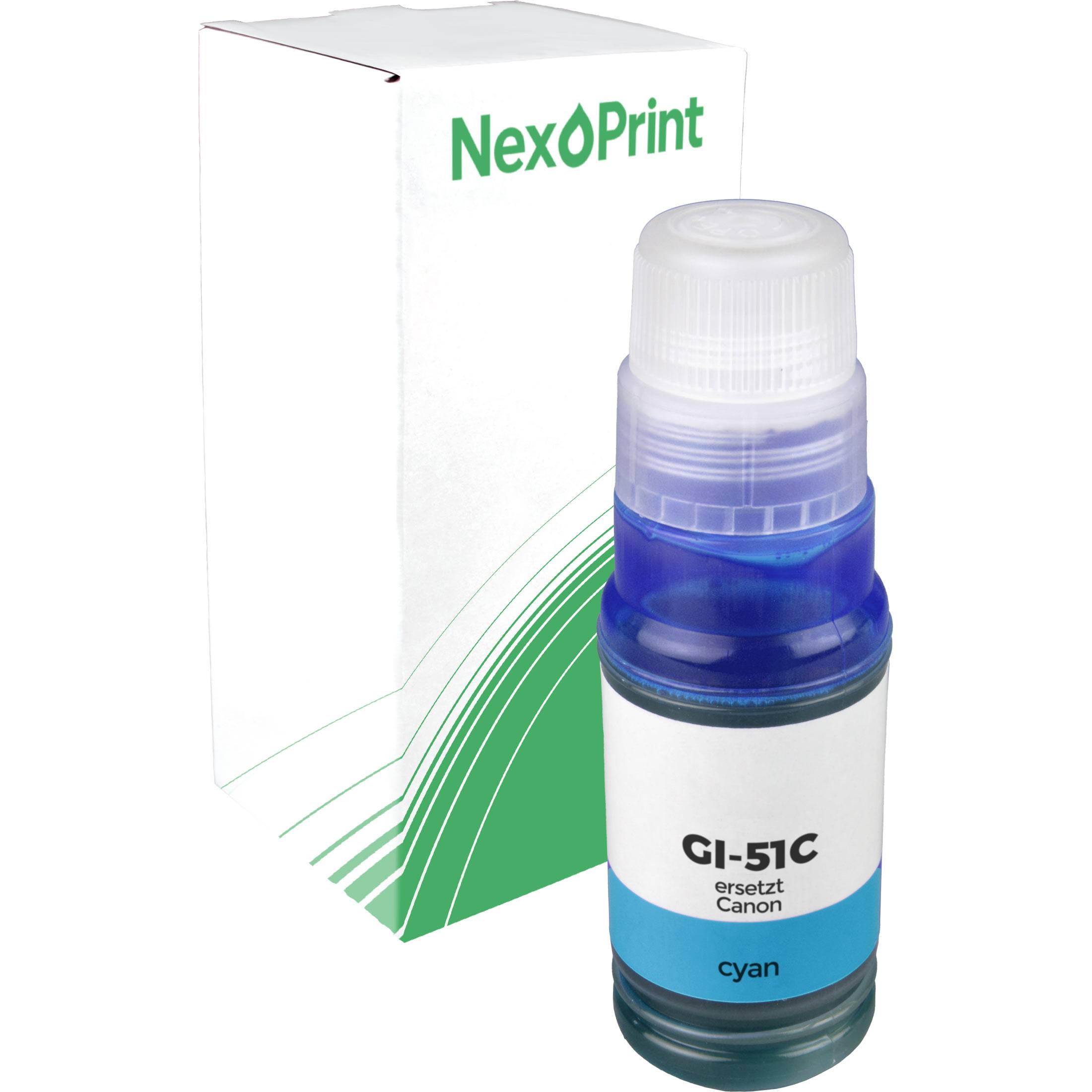 Zyanfarbene Tintenflasche mit der Aufschrift „NexPrint GI-51C